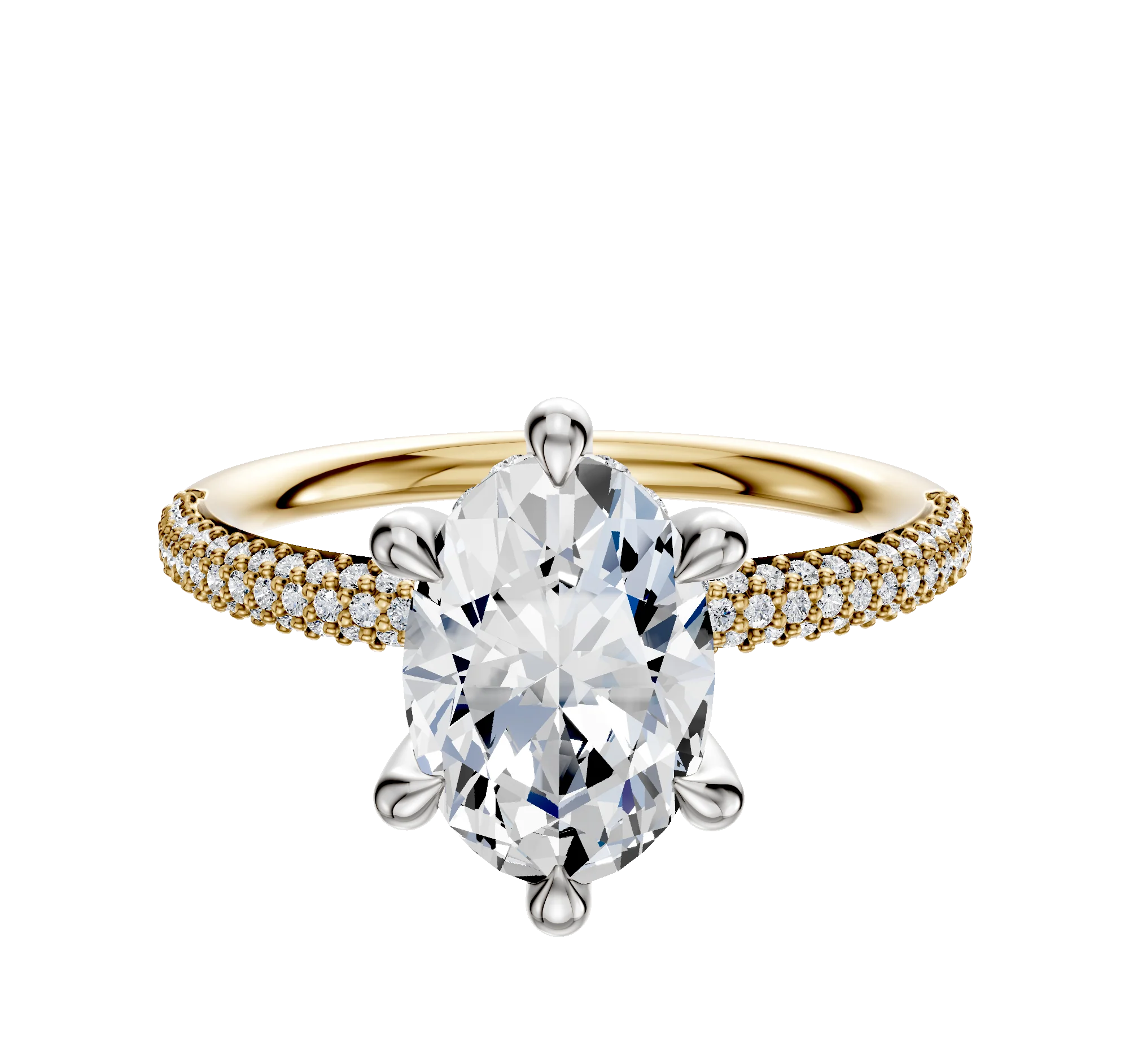 14K Two Tone 6 Prong Hidden Halo Classic Dome 3-Row-Pave 2.0mm Engagement Ring