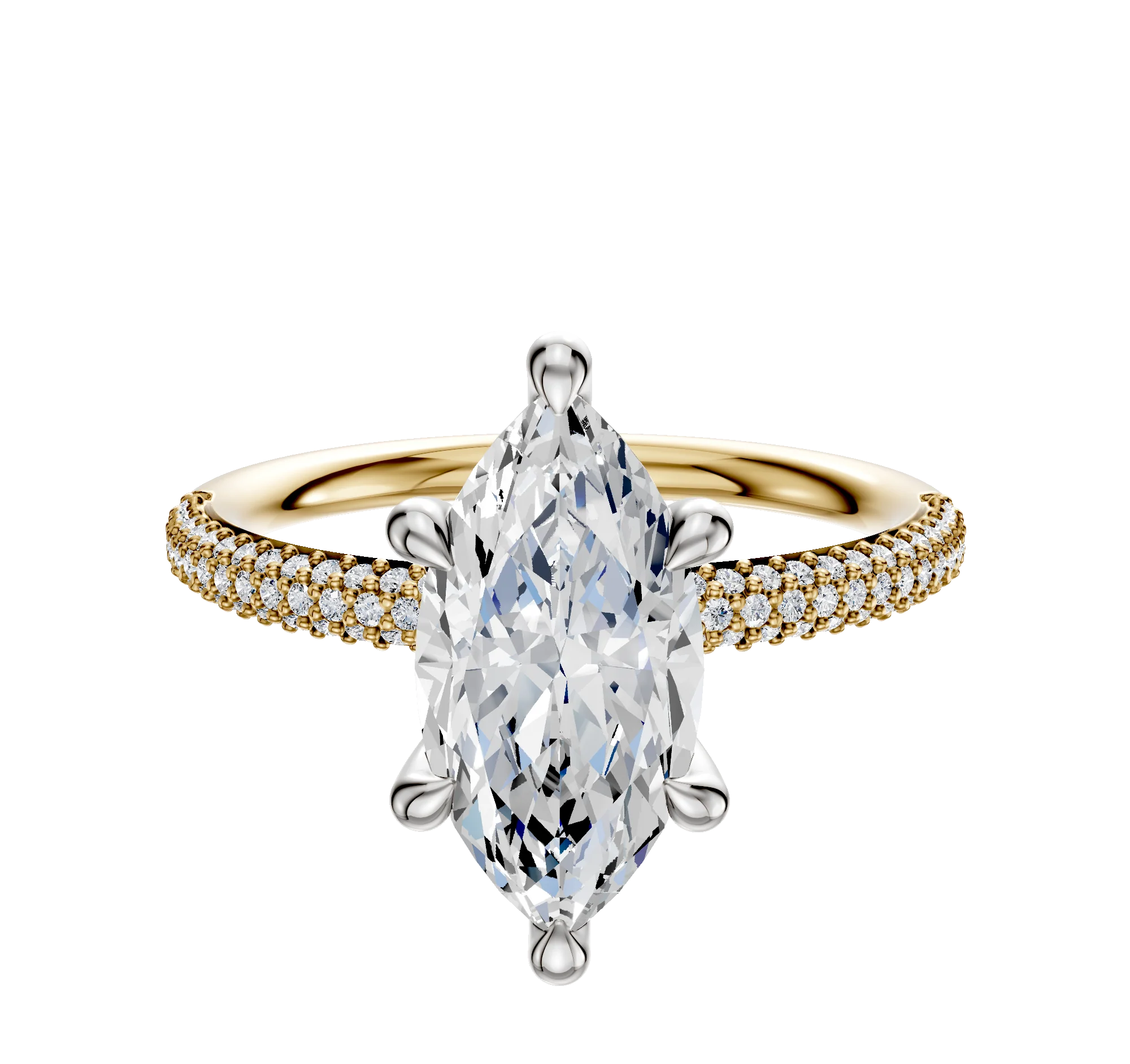 14K Two Tone 6 Prong Hidden Halo Classic Dome 3-Row-Pave 2.0mm Engagement Ring