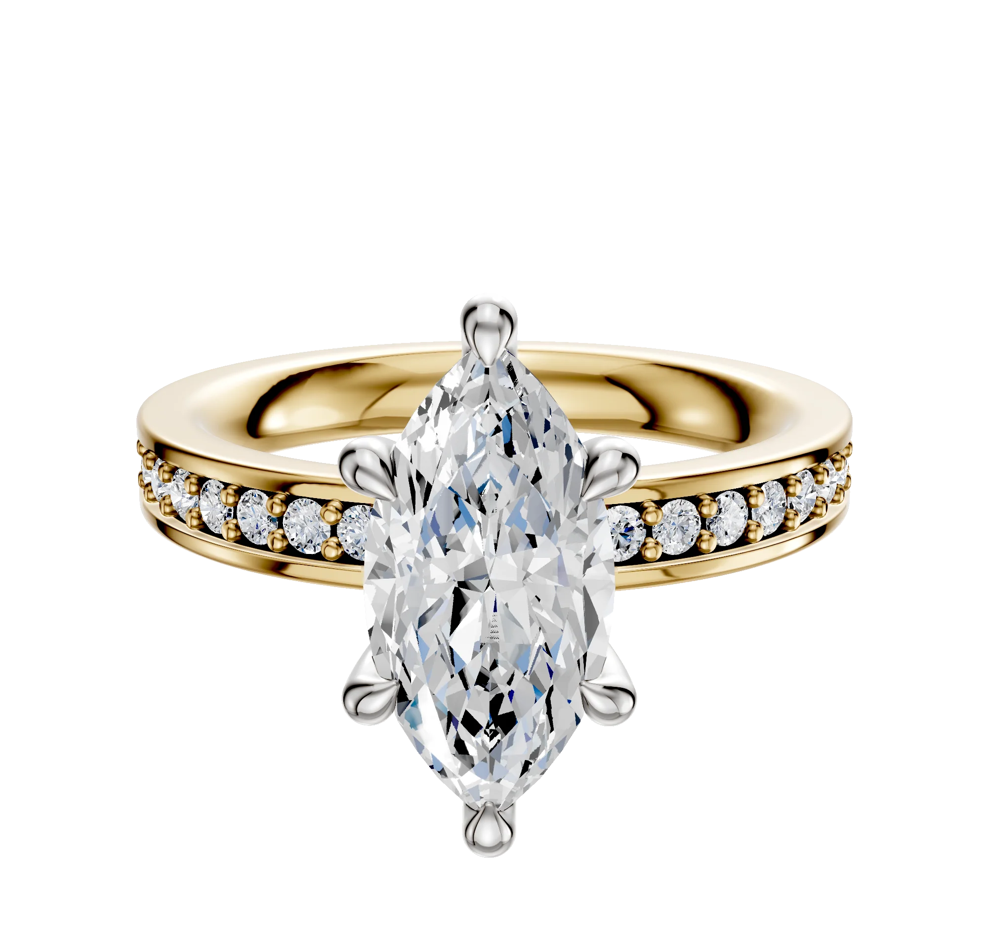 14K Two Tone 6 Prong Hidden Halo Classic Flat 1-Row-Pave 2.5mm Engagement Ring