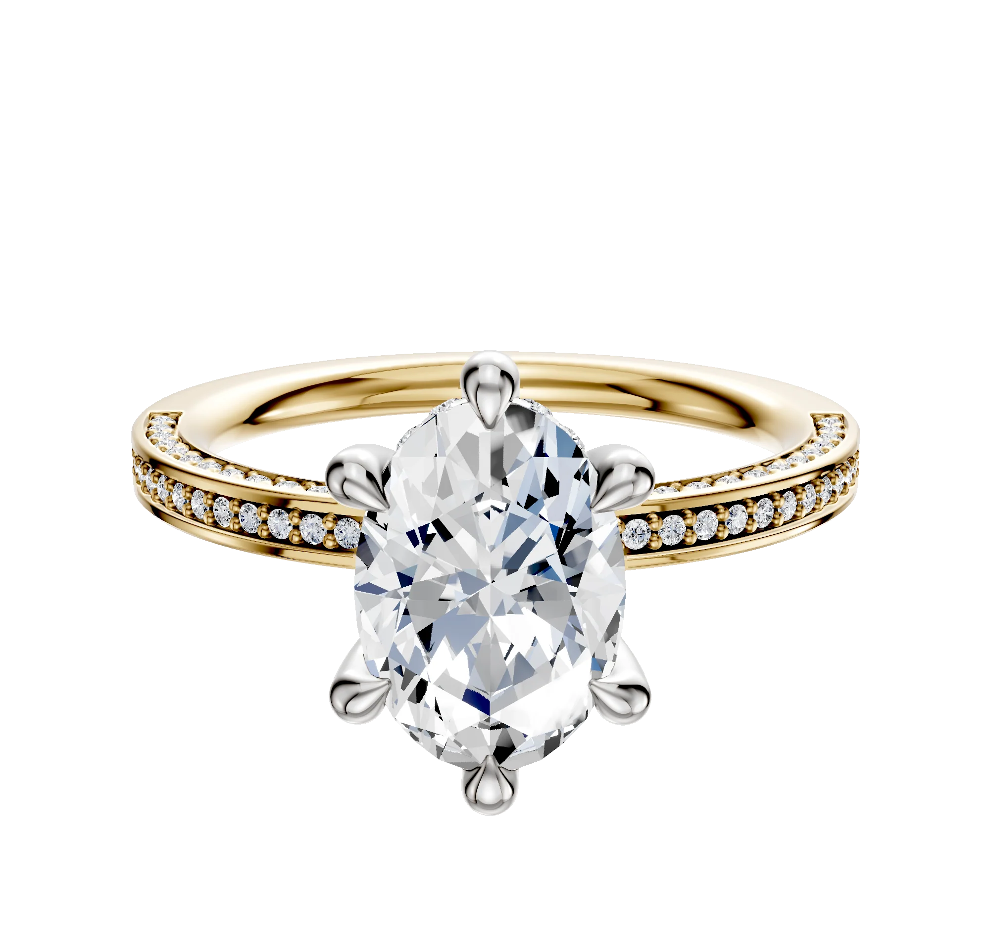 14K Two Tone 6 Prong Hidden Halo Classic Flat 3-Row-Pave 2.0mm Engagement Ring