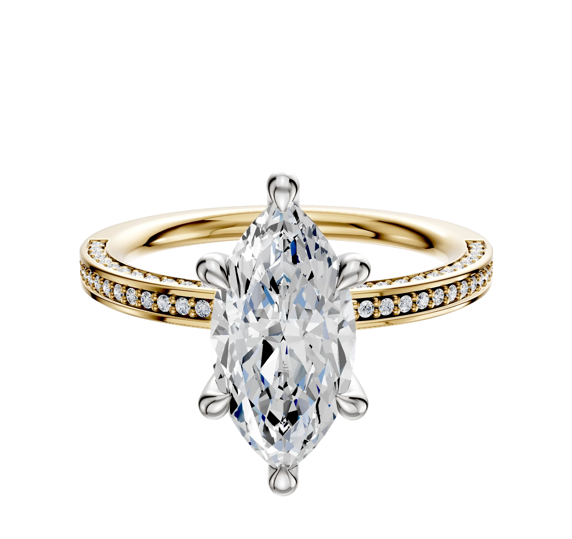 14K Two Tone 6 Prong Hidden Halo Classic Flat 3-Row-Pave 2.0mm Engagement Ring