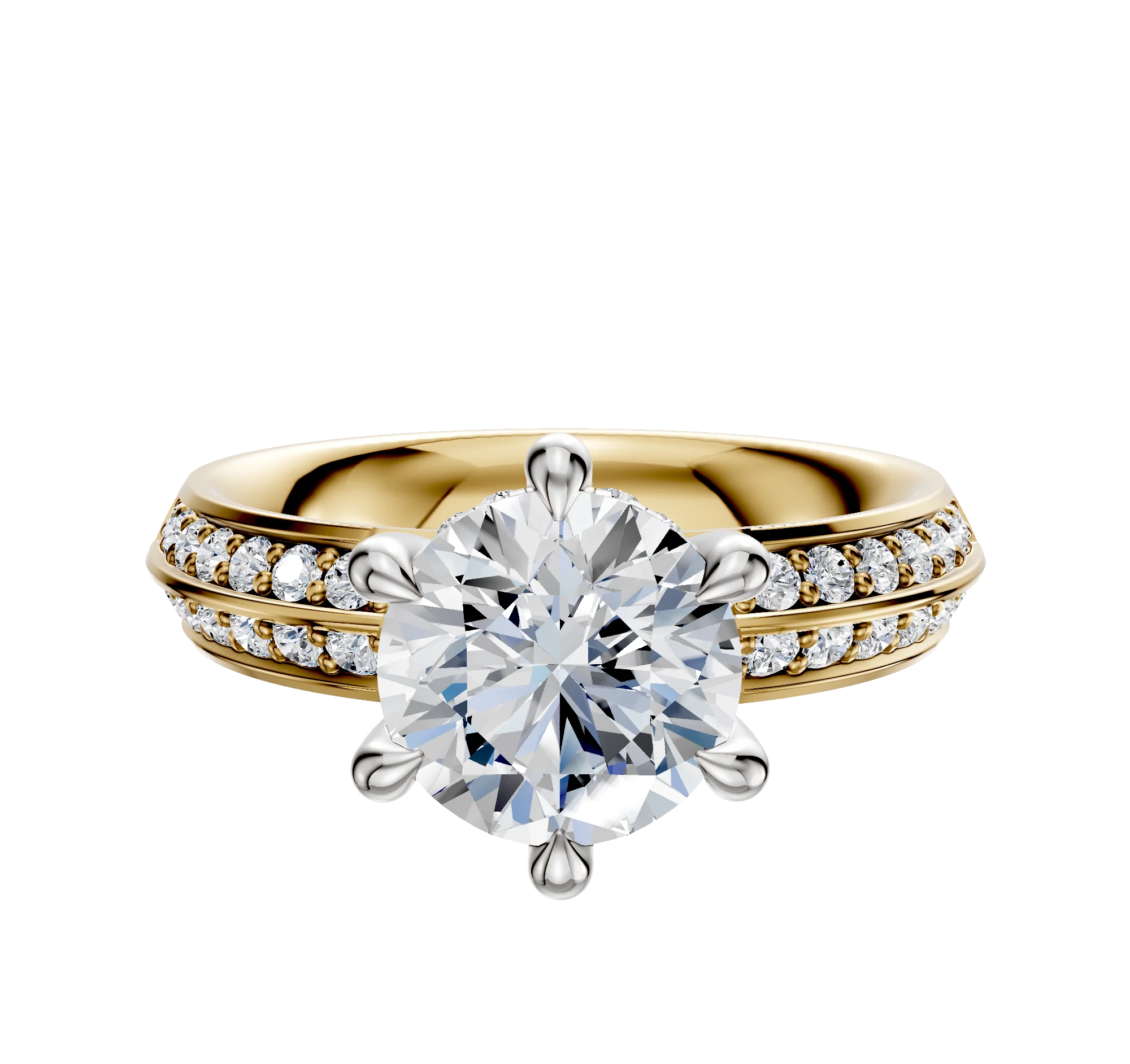 14K Two Tone 6 Prong Hidden Halo Classic Knife Edge 1-Row-Pave 2.5mm Engagement Ring