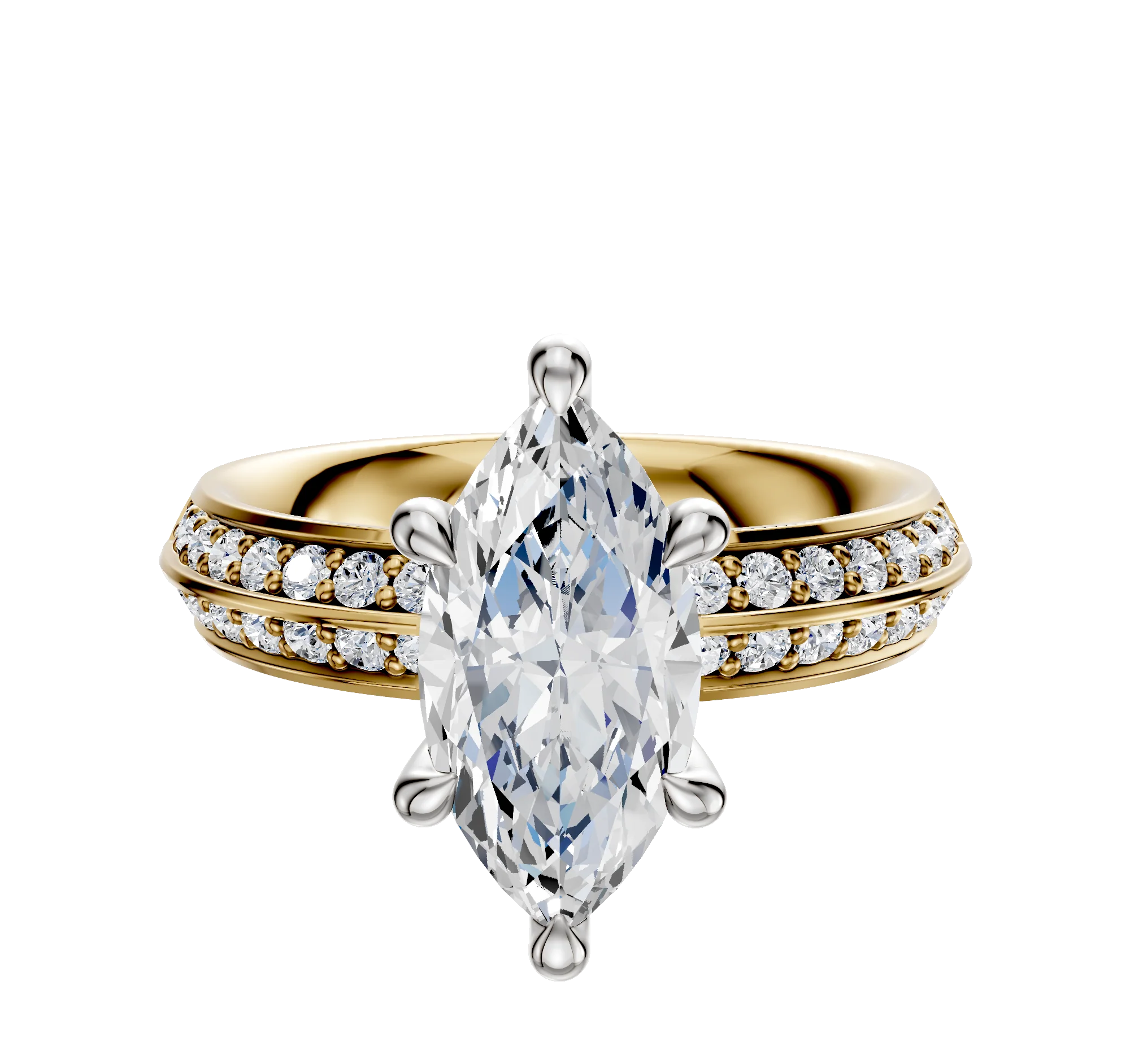 14K Two Tone 6 Prong Hidden Halo Classic Knife Edge 1-Row-Pave 2.5mm Engagement Ring