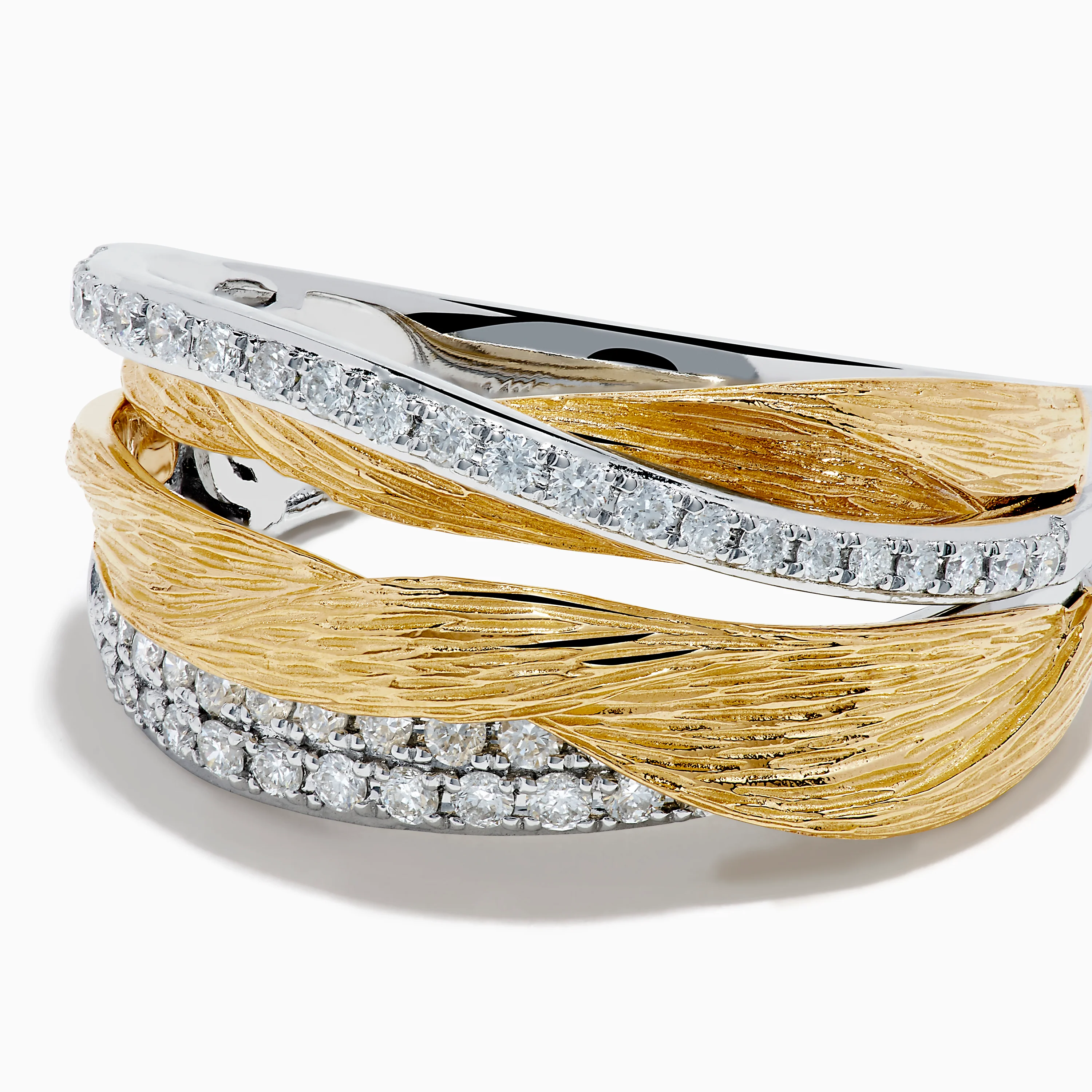 14K Two Tone Gold Diamond Textured Crossover Ring - Image 2