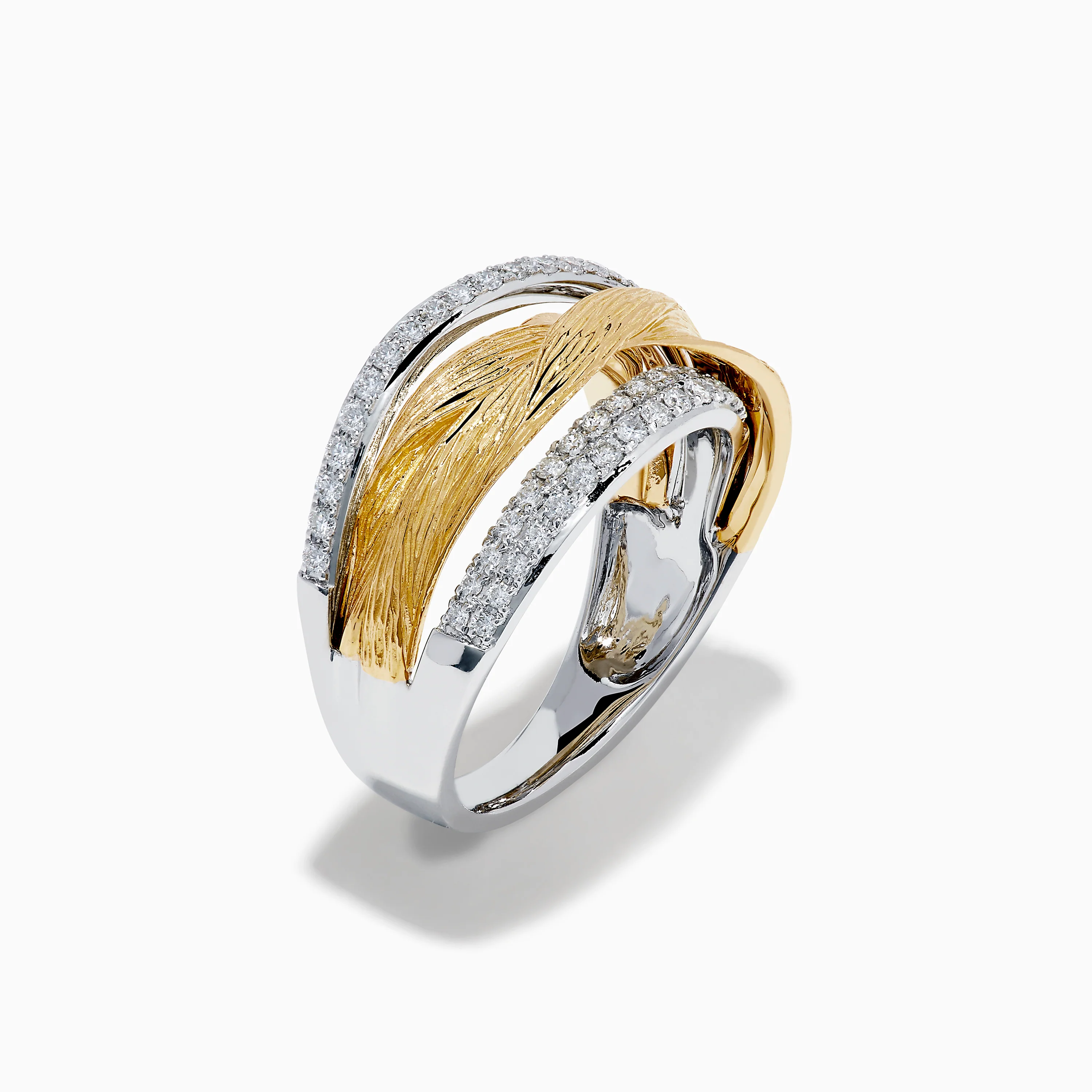 14K Two Tone Gold Diamond Textured Crossover Ring - Image 4