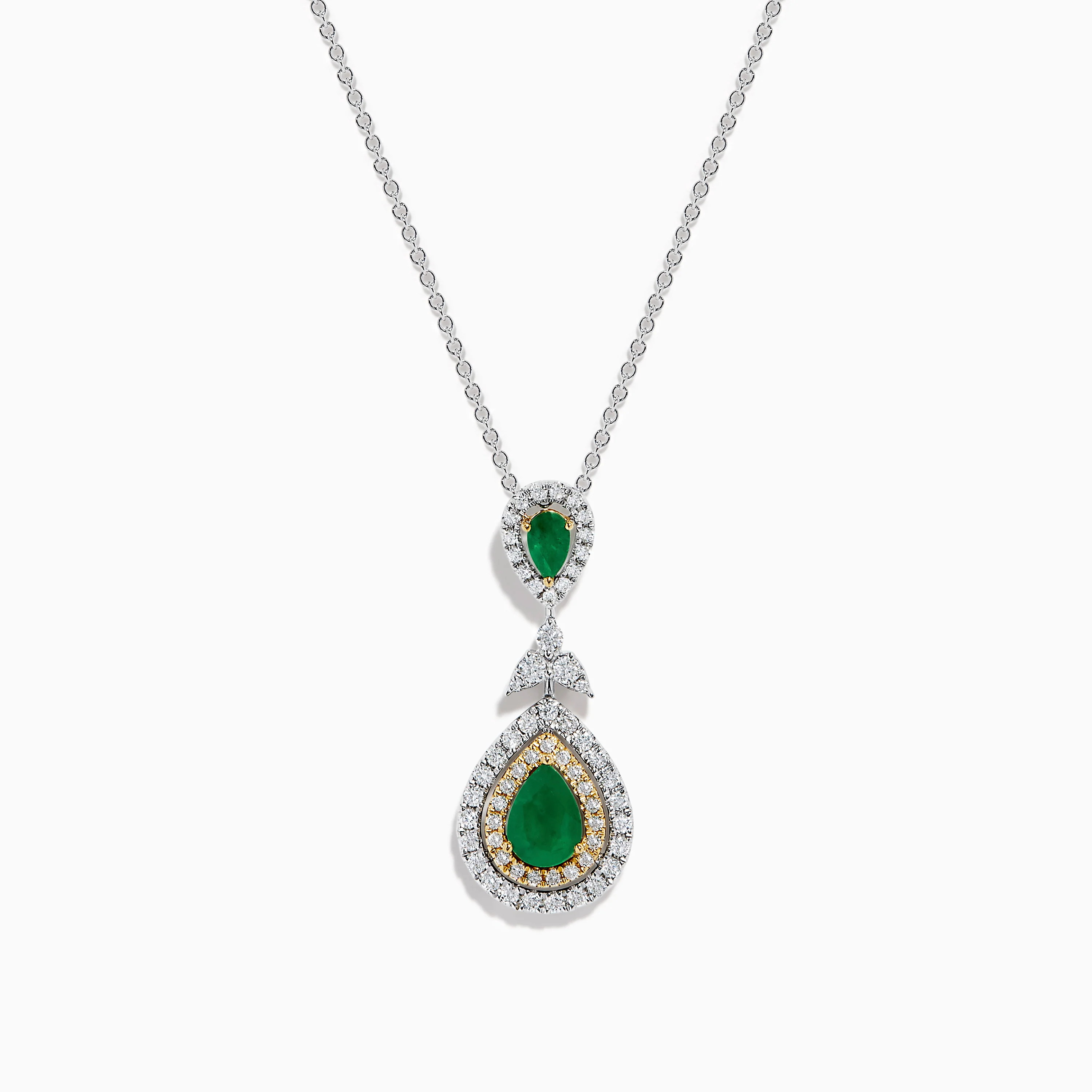 14K Two Tone Gold Emerald and Diamond Double Pear Drop Pendant