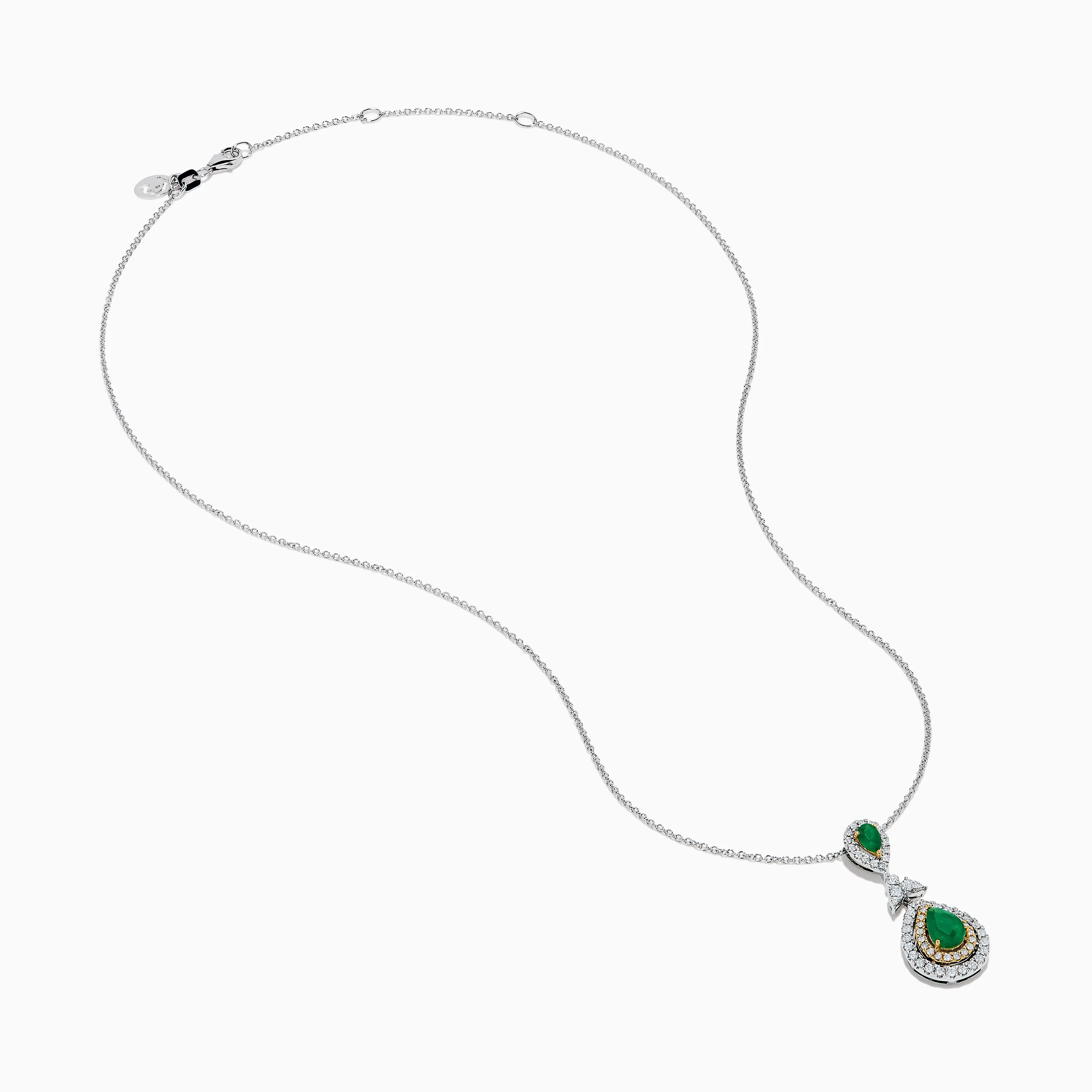 14K Two Tone Gold Emerald and Diamond Double Pear Drop Pendant - Image 2