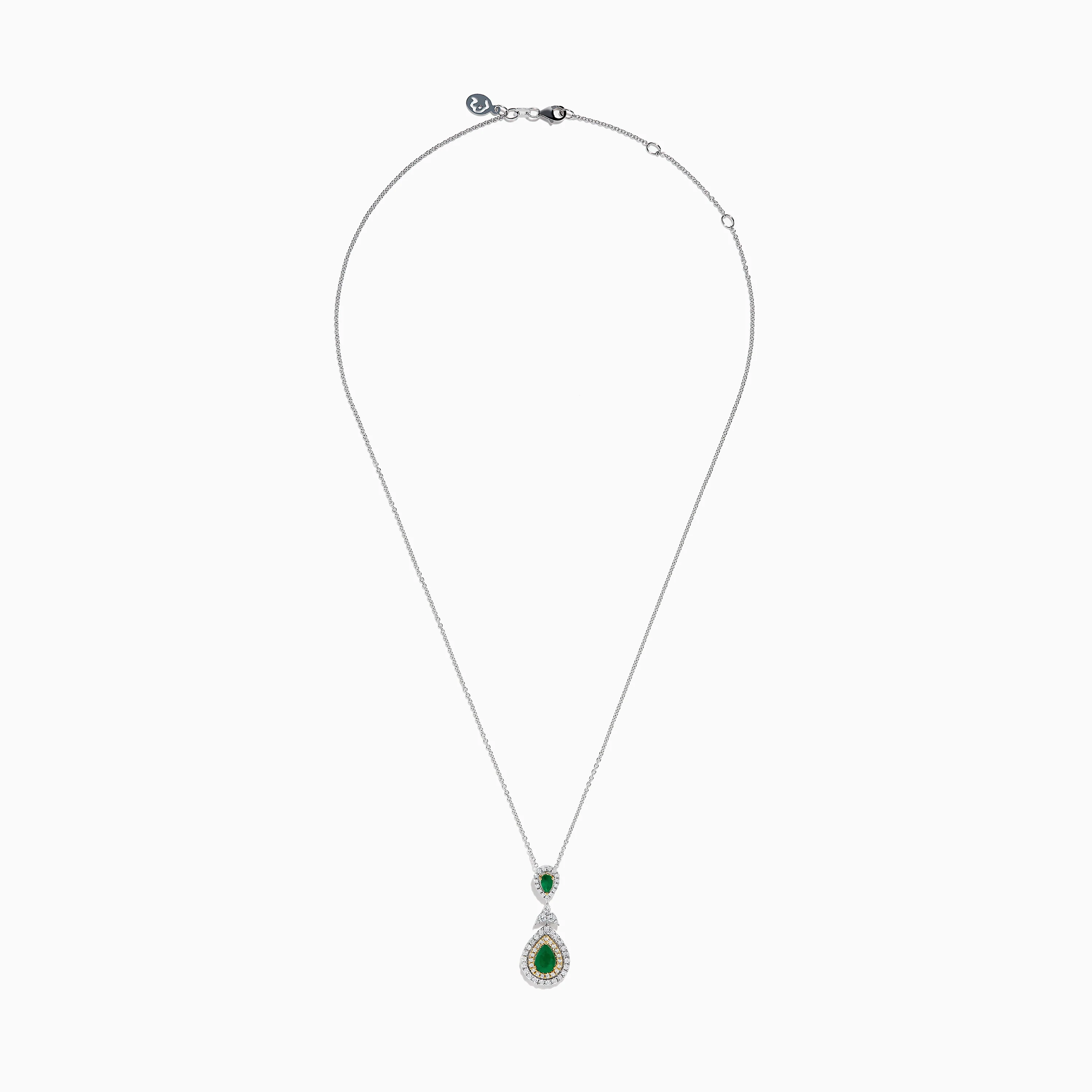 14K Two Tone Gold Emerald and Diamond Double Pear Drop Pendant - Image 3