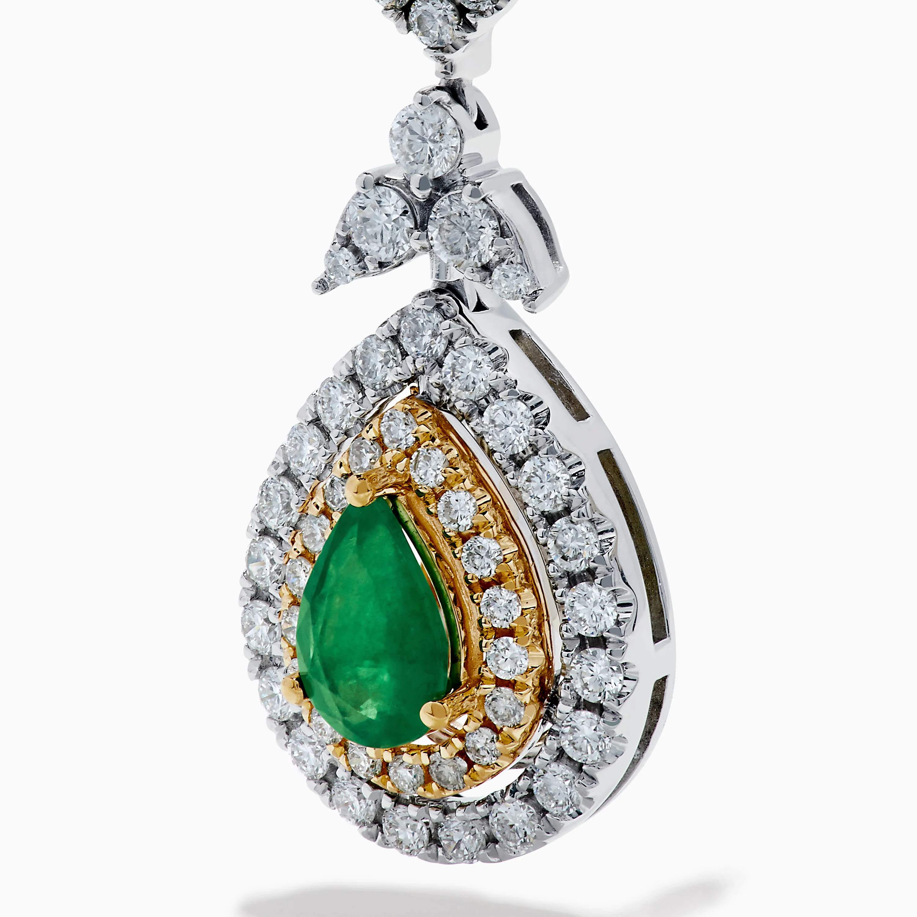 14K Two Tone Gold Emerald and Diamond Double Pear Statement Earrings - Image 2