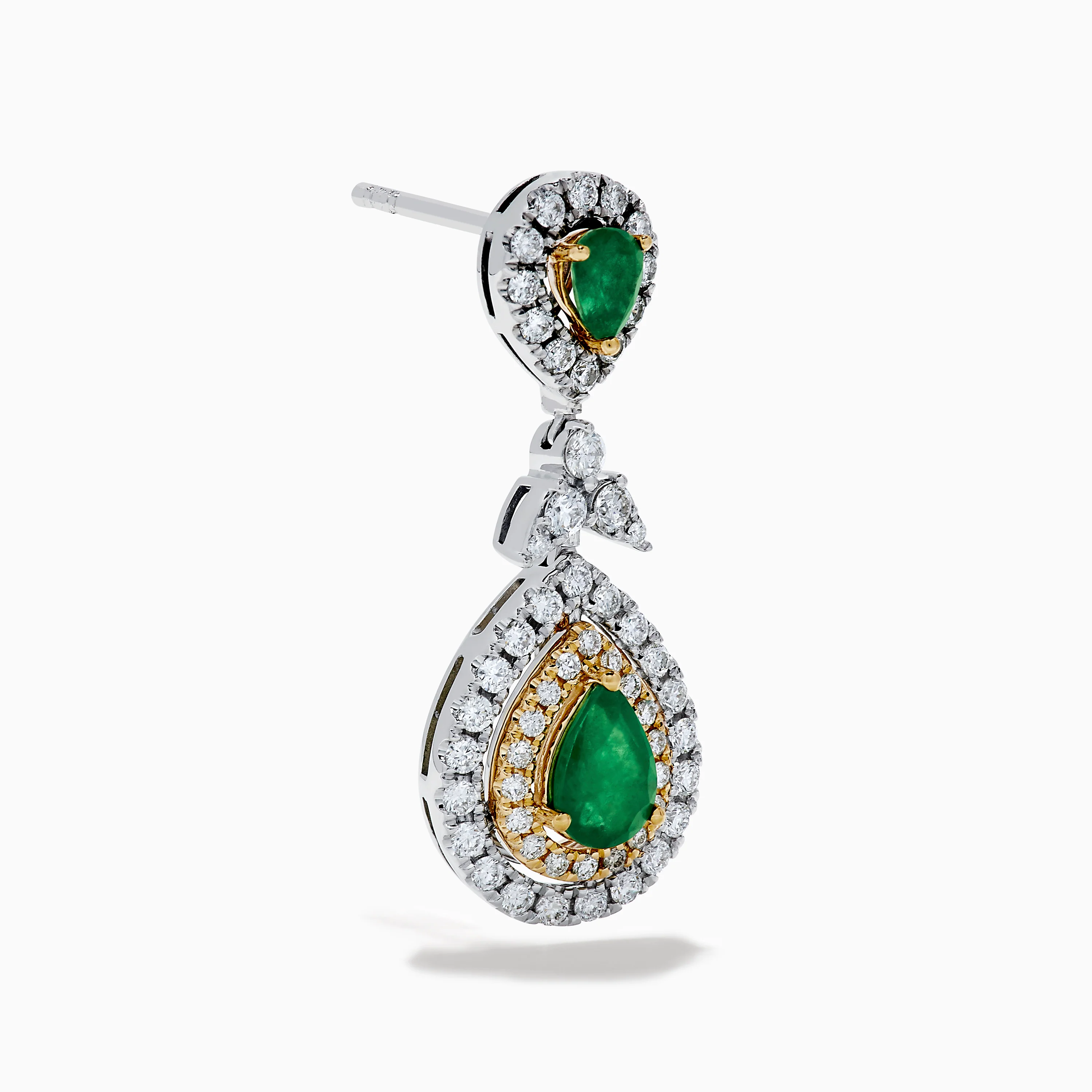 14K Two Tone Gold Emerald and Diamond Double Pear Statement Earrings - Image 3