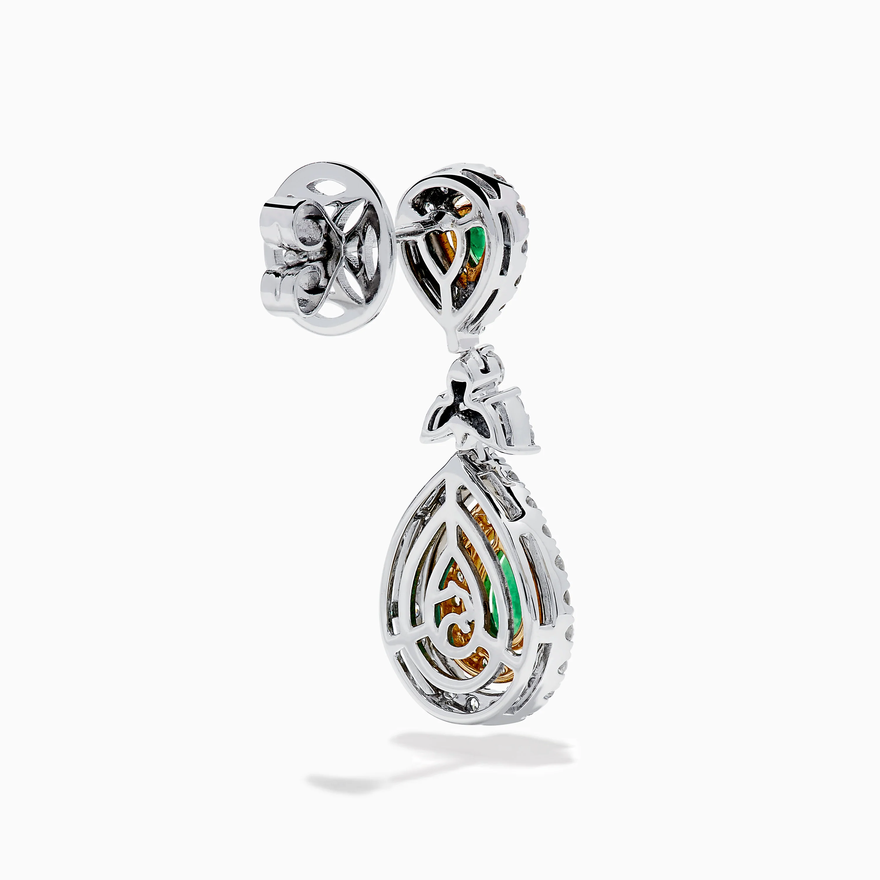 14K Two Tone Gold Emerald and Diamond Double Pear Statement Earrings - Image 4