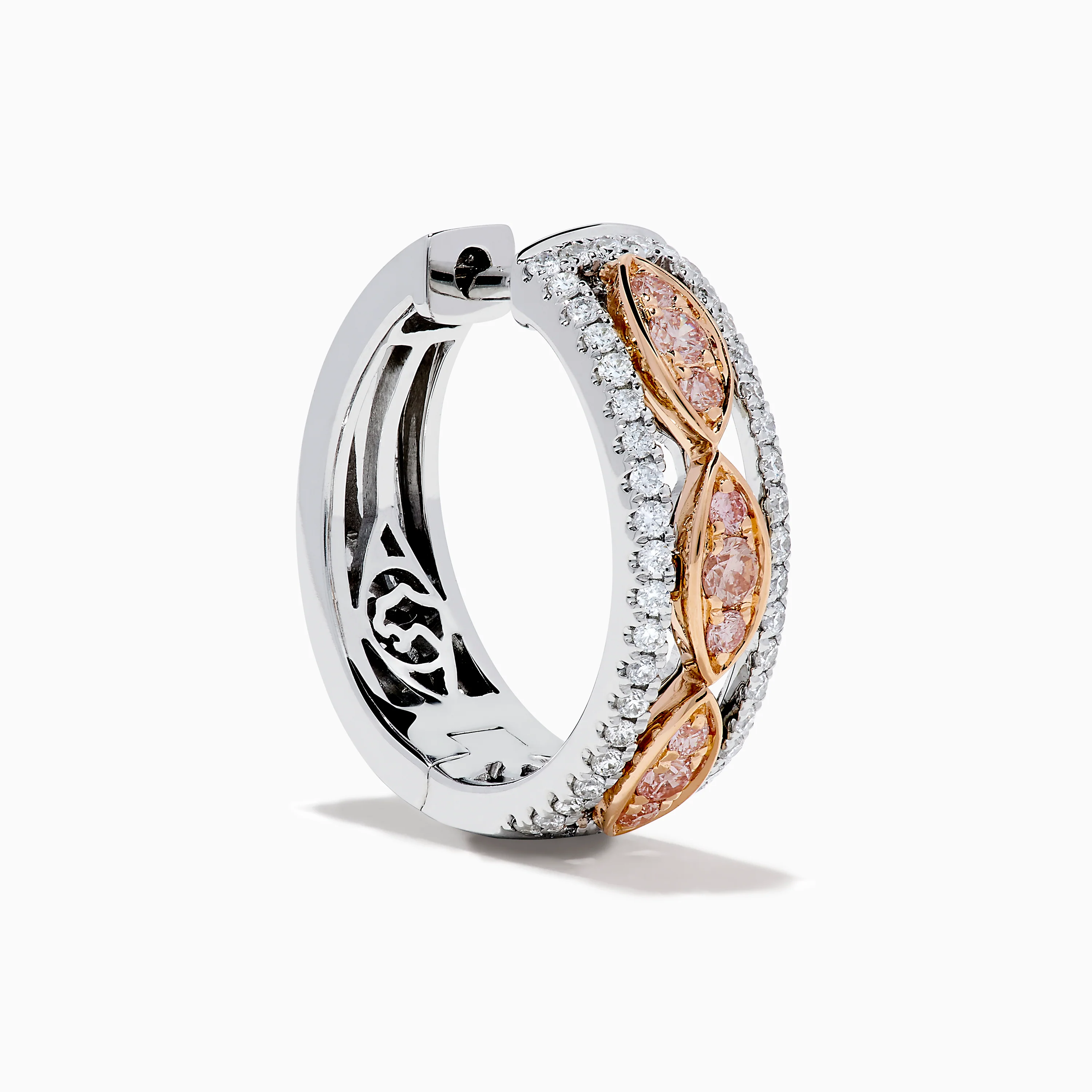 14K Two-Tone Gold Pink and White Diamond Huggie Earrings - Image 3