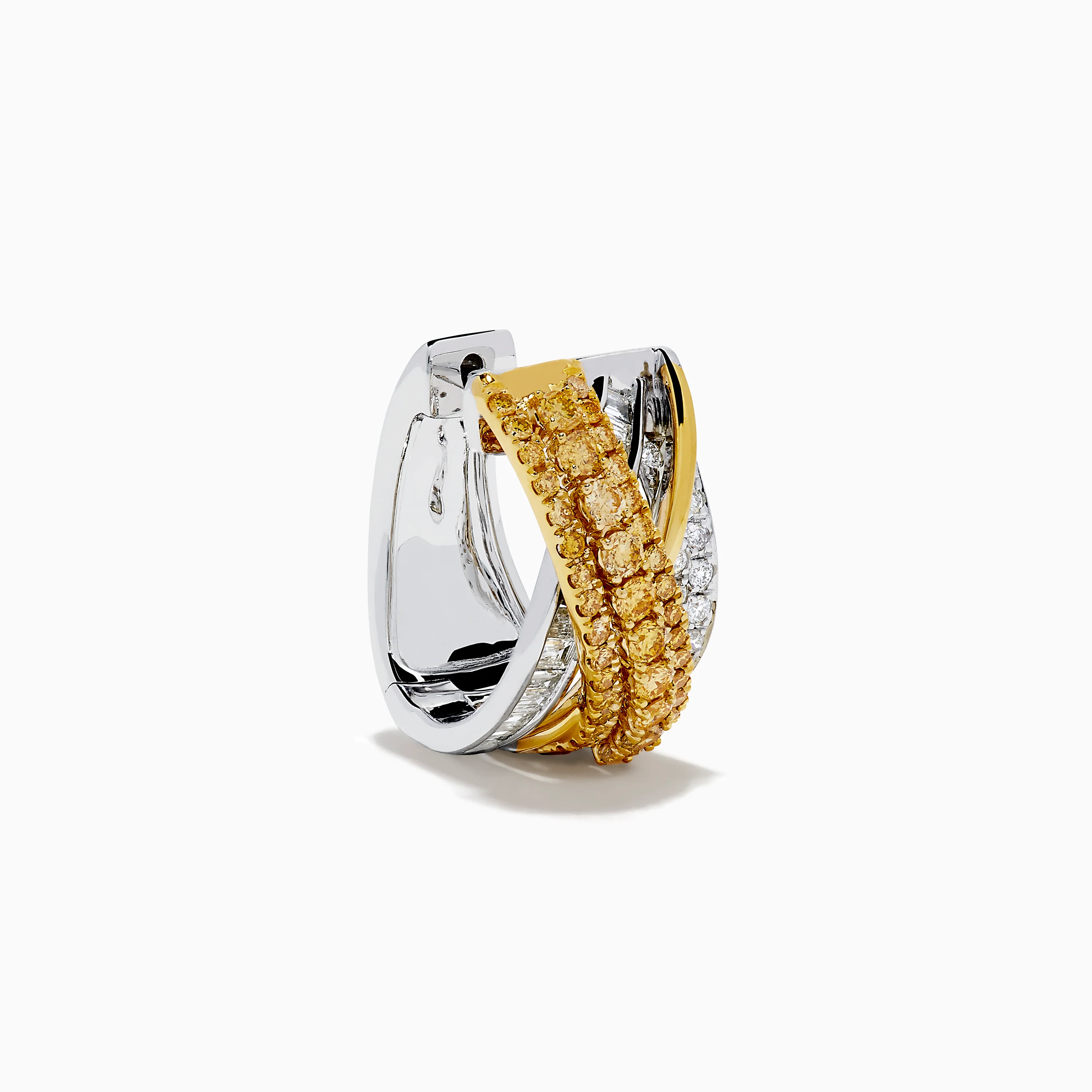 14K Two Tone Gold Yellow and White Diamond Crossover Huggie Earrings - Image 3