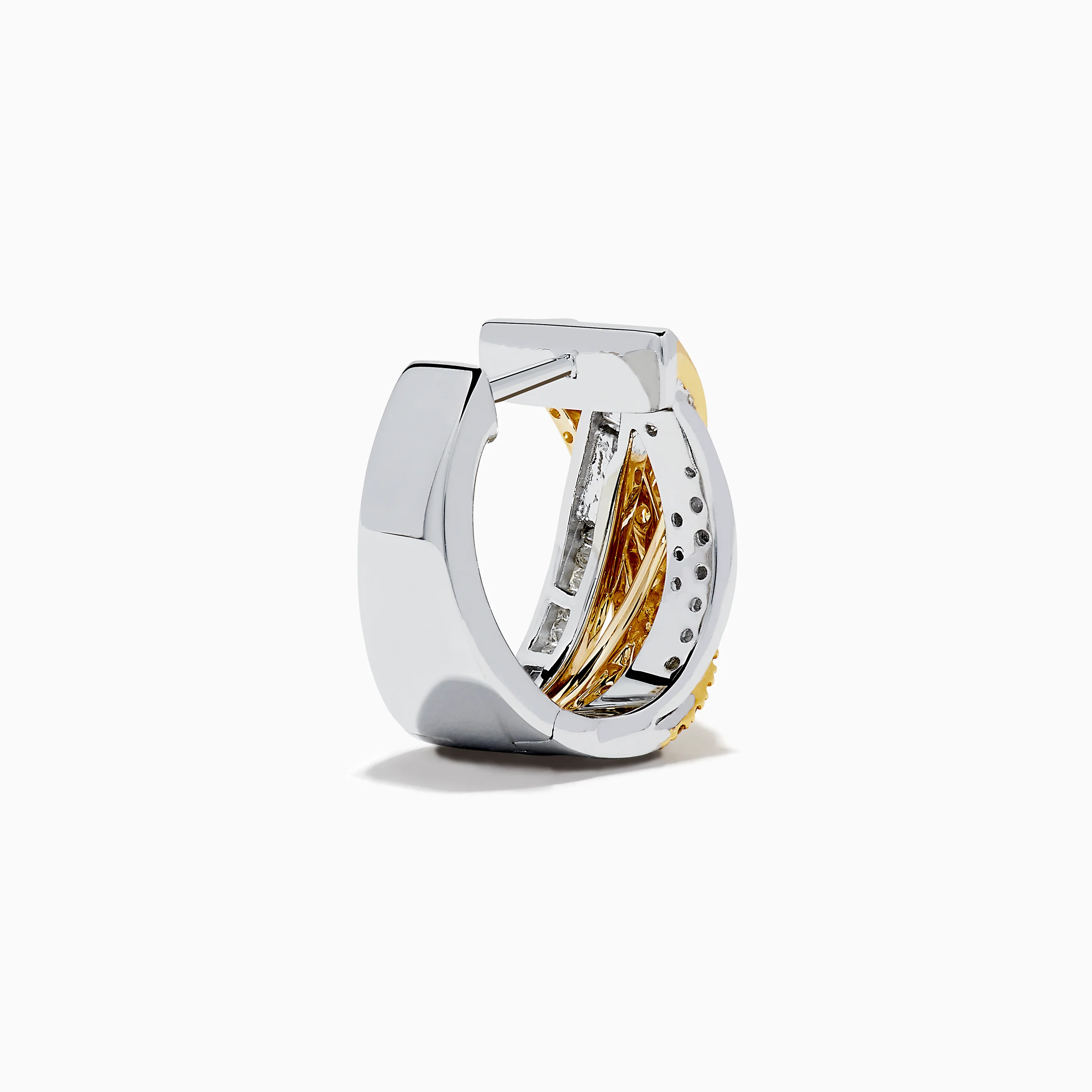 14K Two Tone Gold Yellow and White Diamond Crossover Huggie Earrings - Image 4
