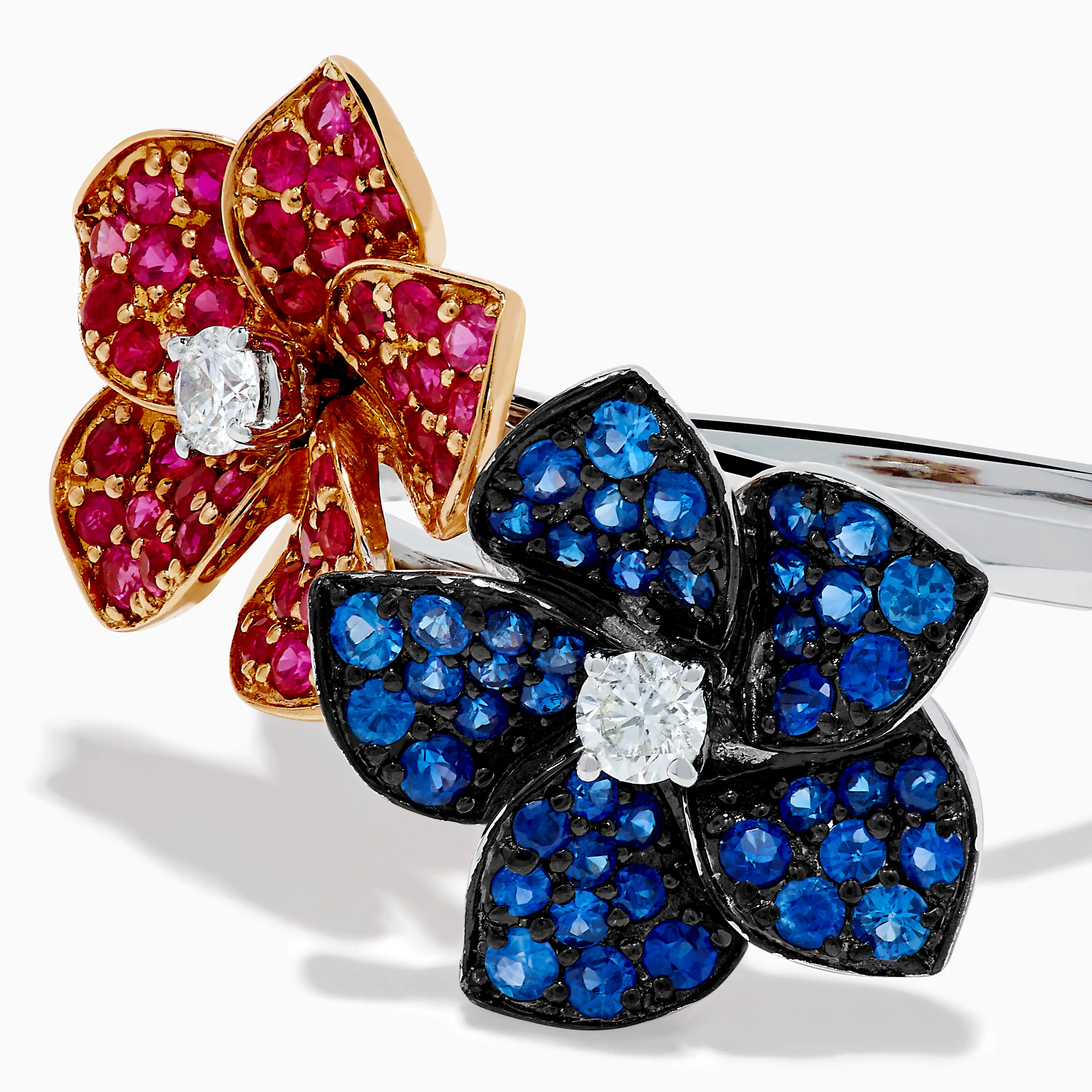 14K Two Tone Ruby, Sapphire, and Diamond Floral Bypass Ring - Image 2