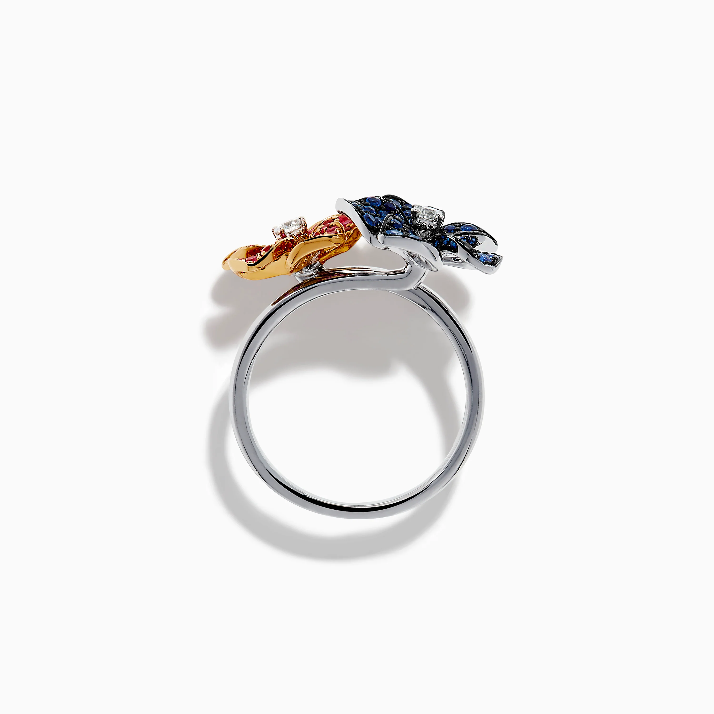 14K Two Tone Ruby, Sapphire, and Diamond Floral Bypass Ring - Image 3
