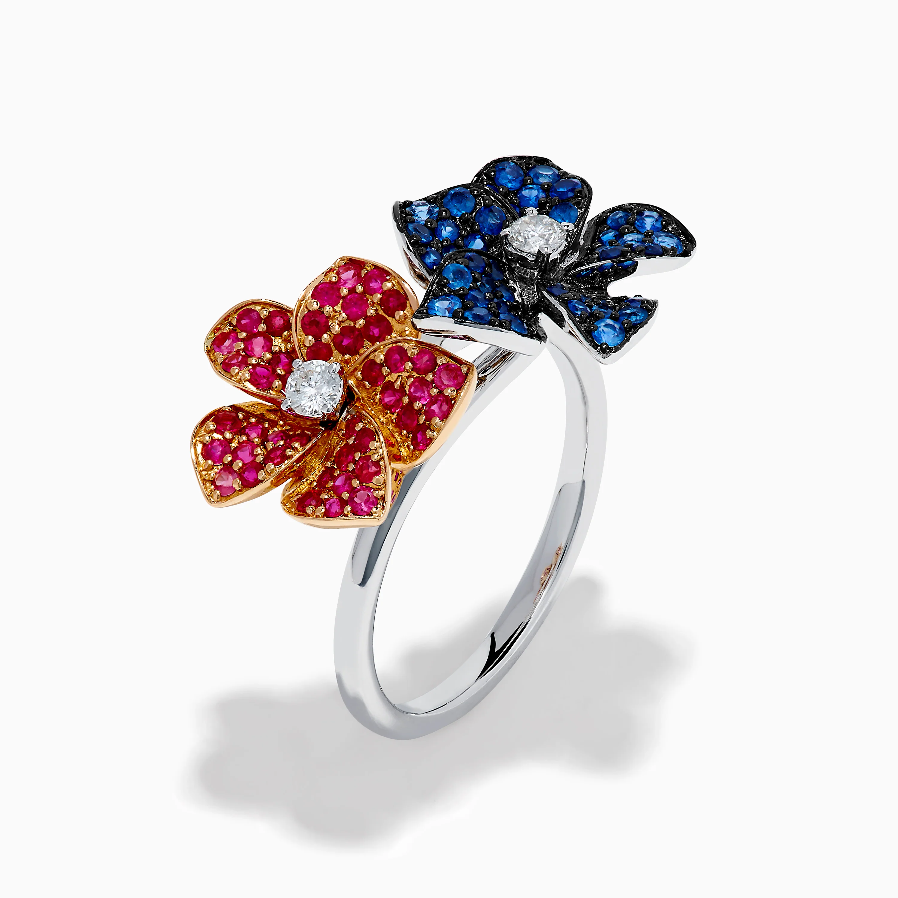 14K Two Tone Ruby, Sapphire, and Diamond Floral Bypass Ring - Image 4