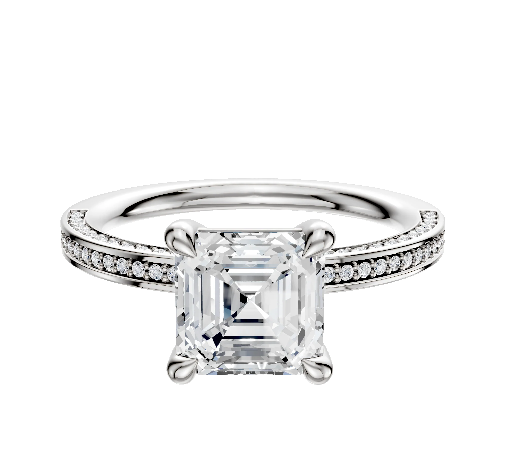 14K White Gold 4 Prong Basket Classic Flat 3-Row-Pave 2.0mm Engagement Ring