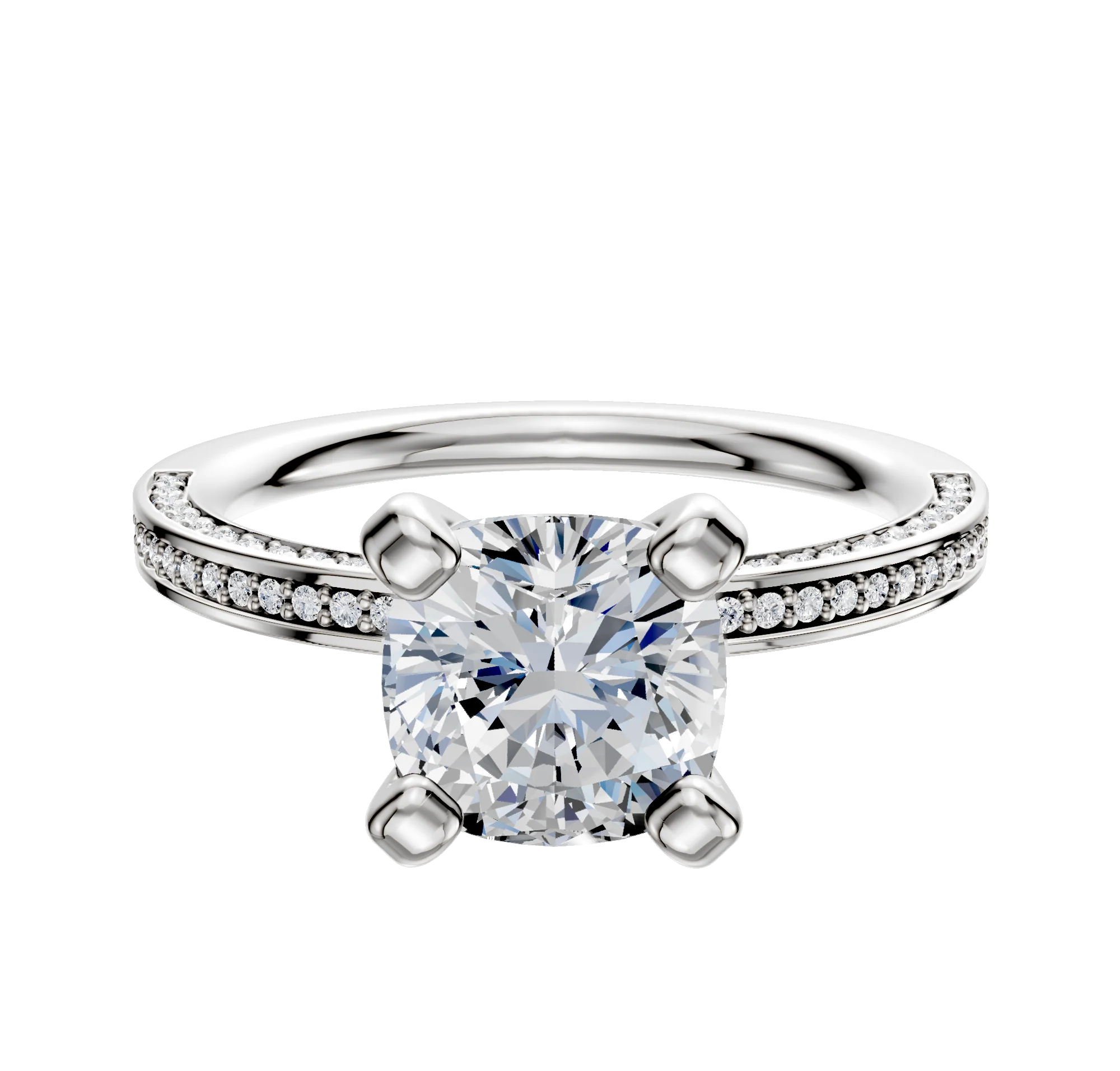 14K White Gold 4 Prong Classic Flat 3-Row-Pave 2.0mm Engagement Ring