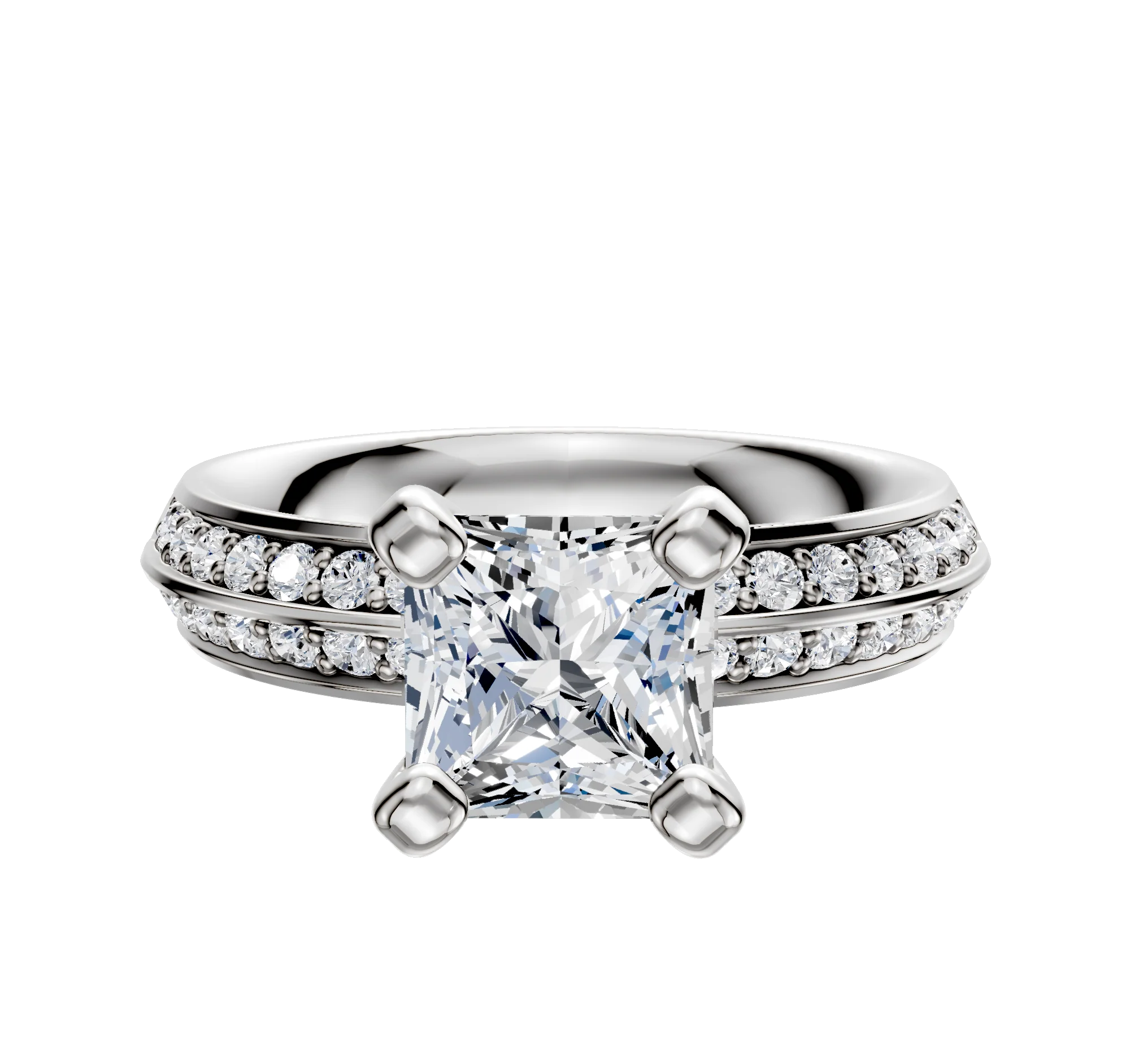 14K White Gold 4 Prong Classic Knife Edge 1-Row-Pave 2.5mm Engagement Ring