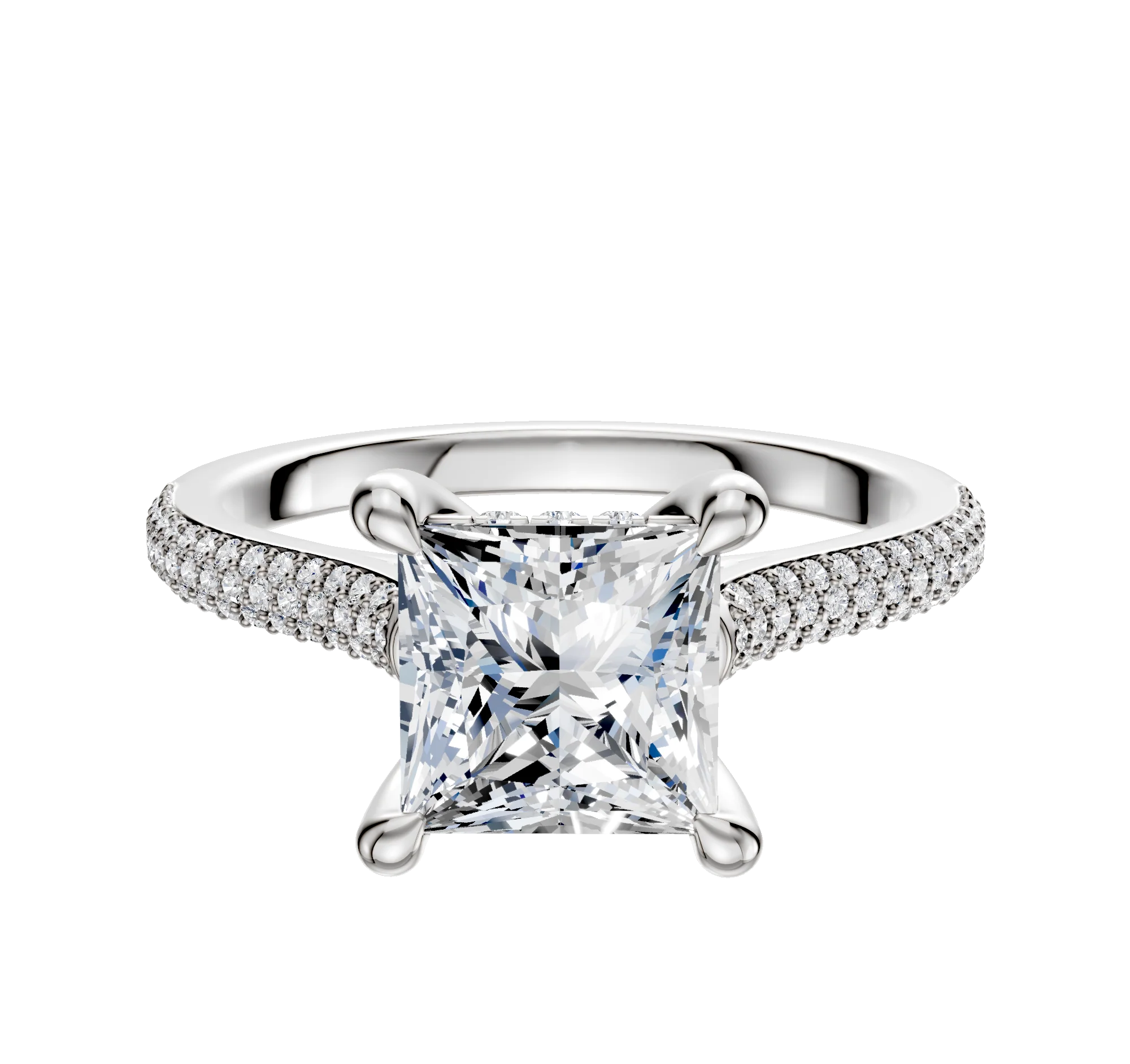 14K White Gold 4 Prong Hidden Halo Cathedral Dome 3-Row-Pave 2.0mm Engagement Ring