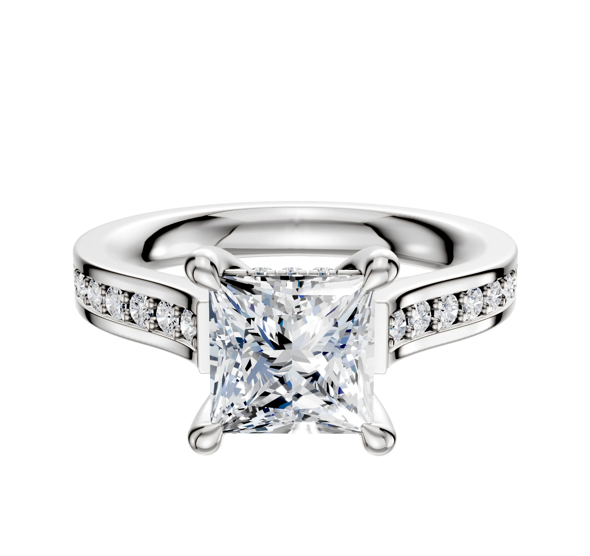 14K White Gold 4 Prong Hidden Halo Cathedral Flat 1-Row-Pave 2.5mm Engagement Ring