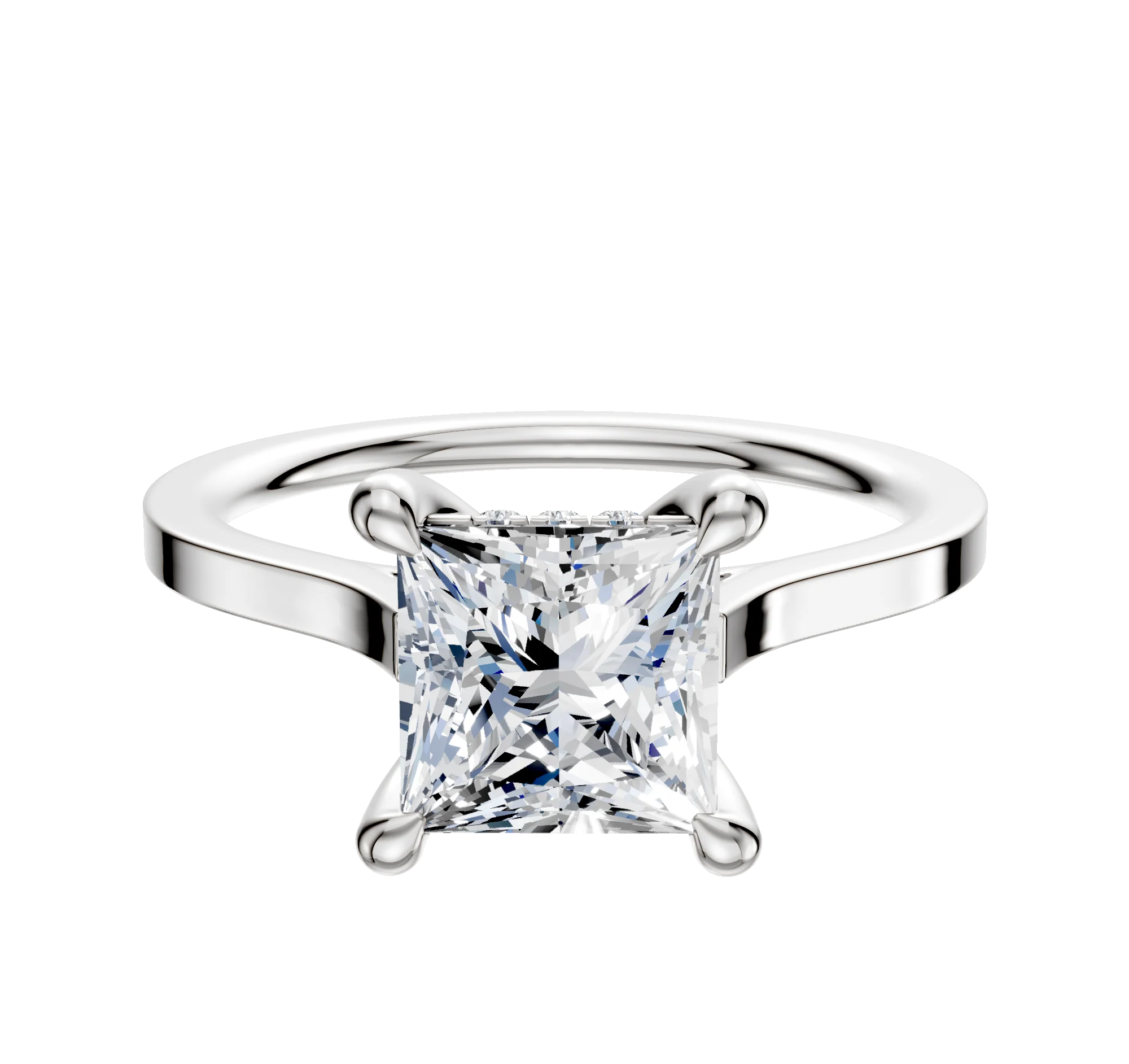 14K White Gold 4 Prong Hidden Halo Cathedral Flat 1.5mm Engagement Ring