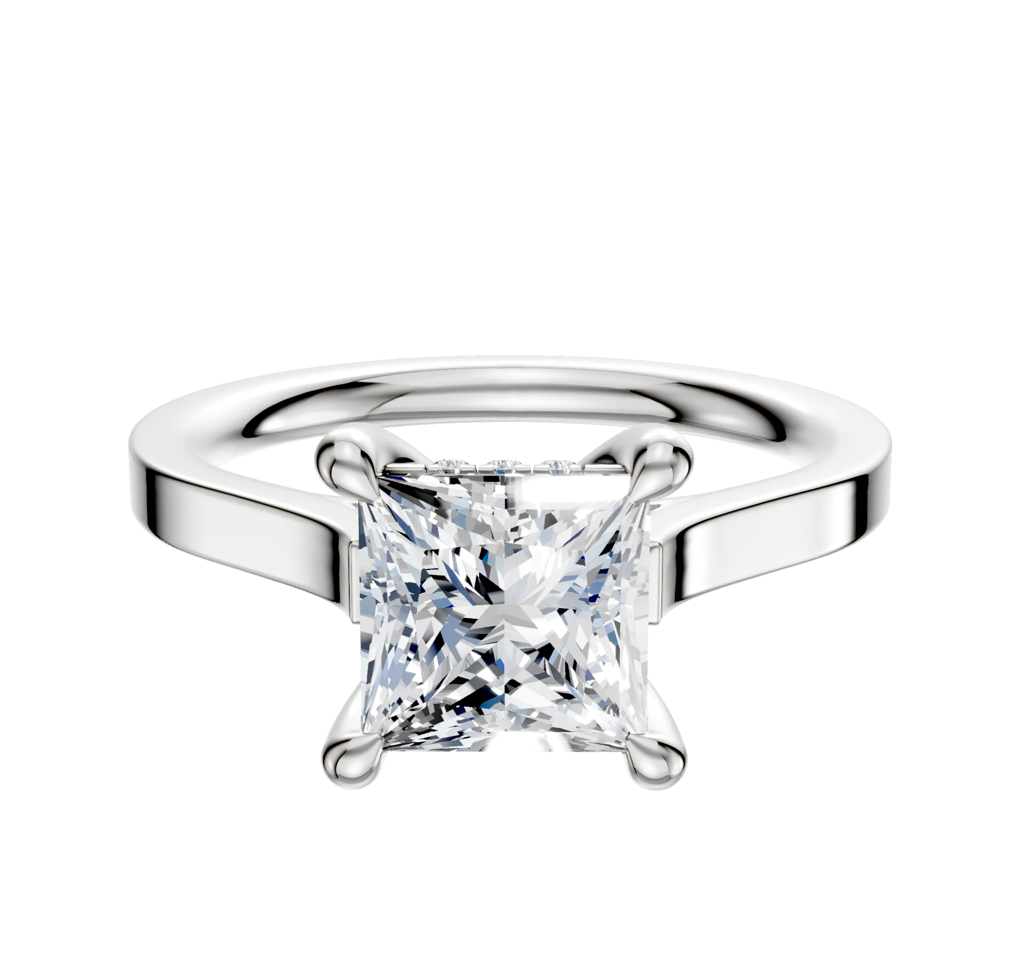 14K White Gold 4 Prong Hidden Halo Cathedral Flat 2.0mm Engagement Ring