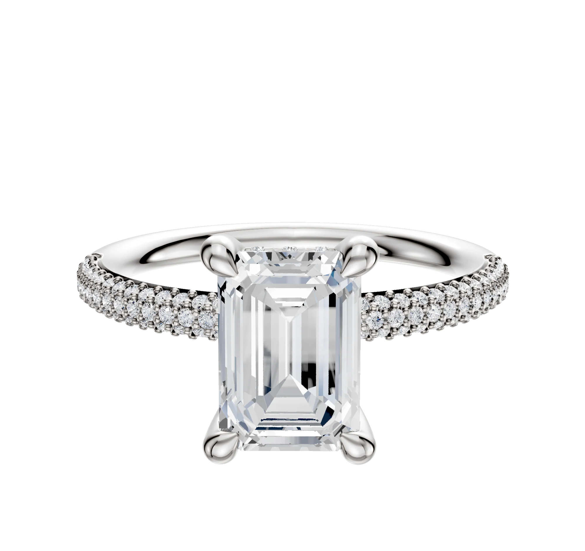 14K White Gold 4 Prong Hidden Halo Classic Dome 3-Row-Pave 2.0mm Engagement Ring