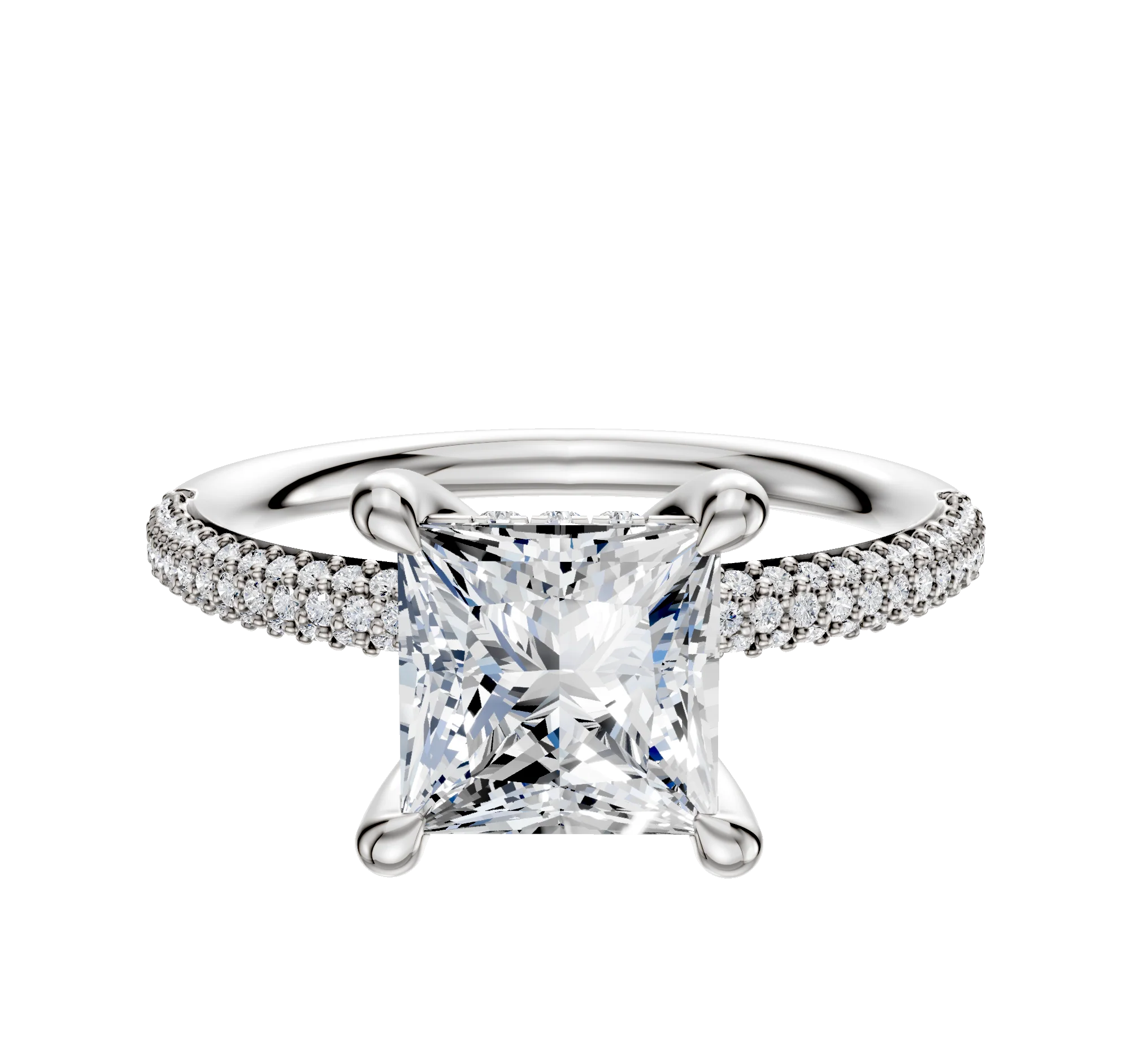 14K White Gold 4 Prong Hidden Halo Classic Dome 3-Row-Pave 2.0mm Engagement Ring