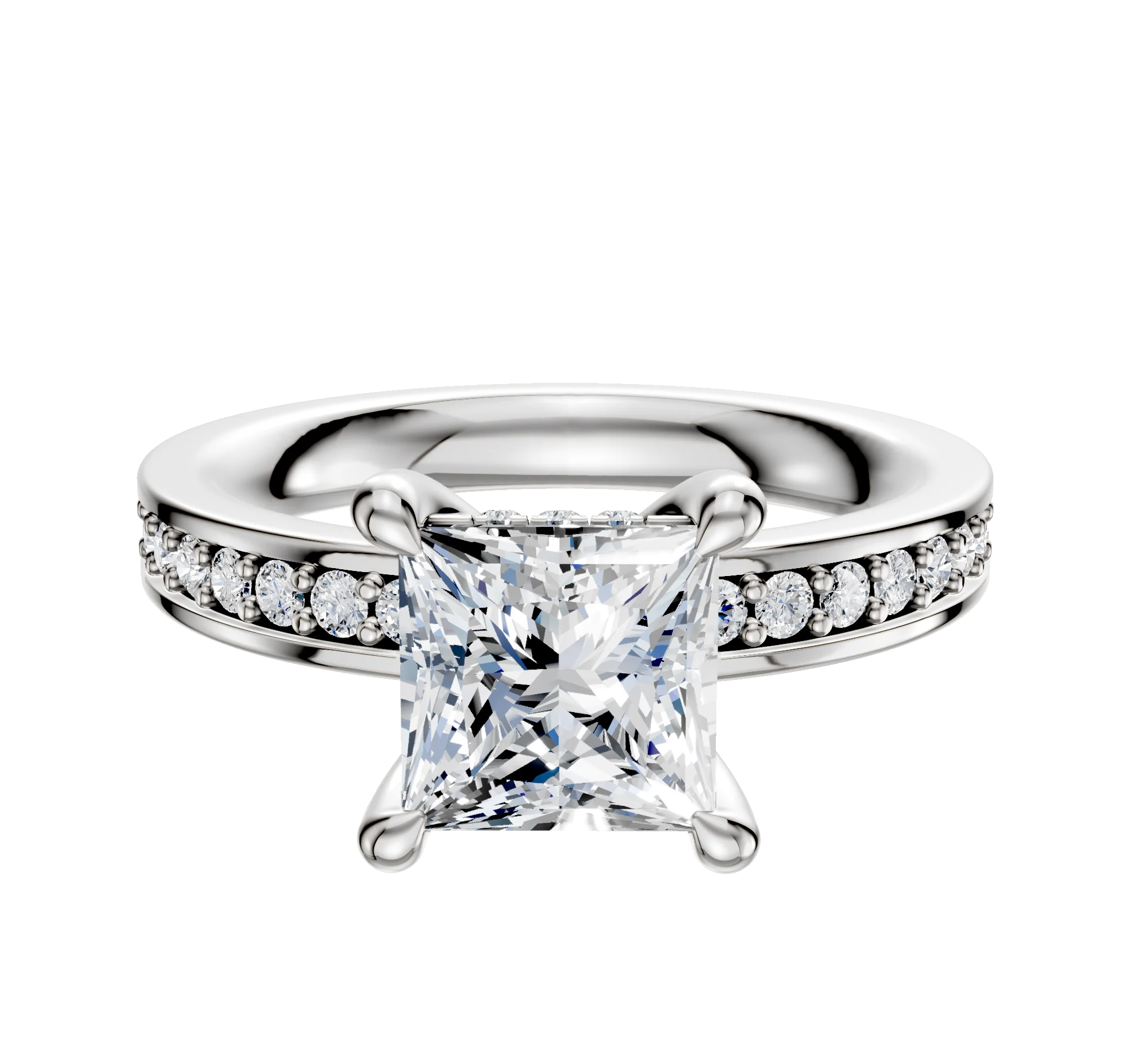14K White Gold 4 Prong Hidden Halo Classic Flat 1-Row-Pave 2.5mm Engagement Ring