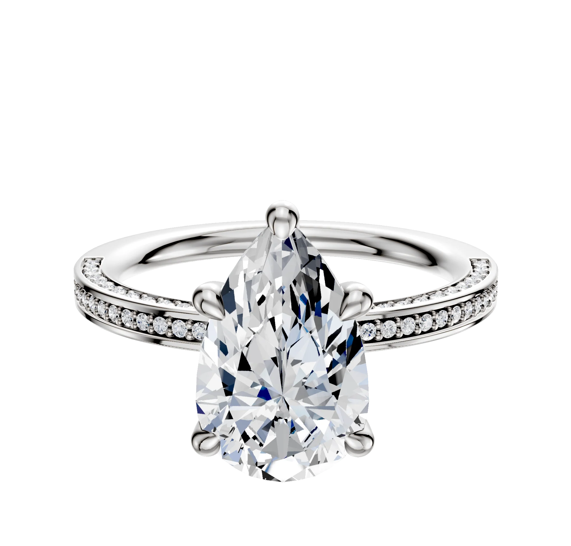 14K White Gold 4 Prong Hidden Halo Classic Flat 3-Row-Pave 2.0mm Engagement Ring