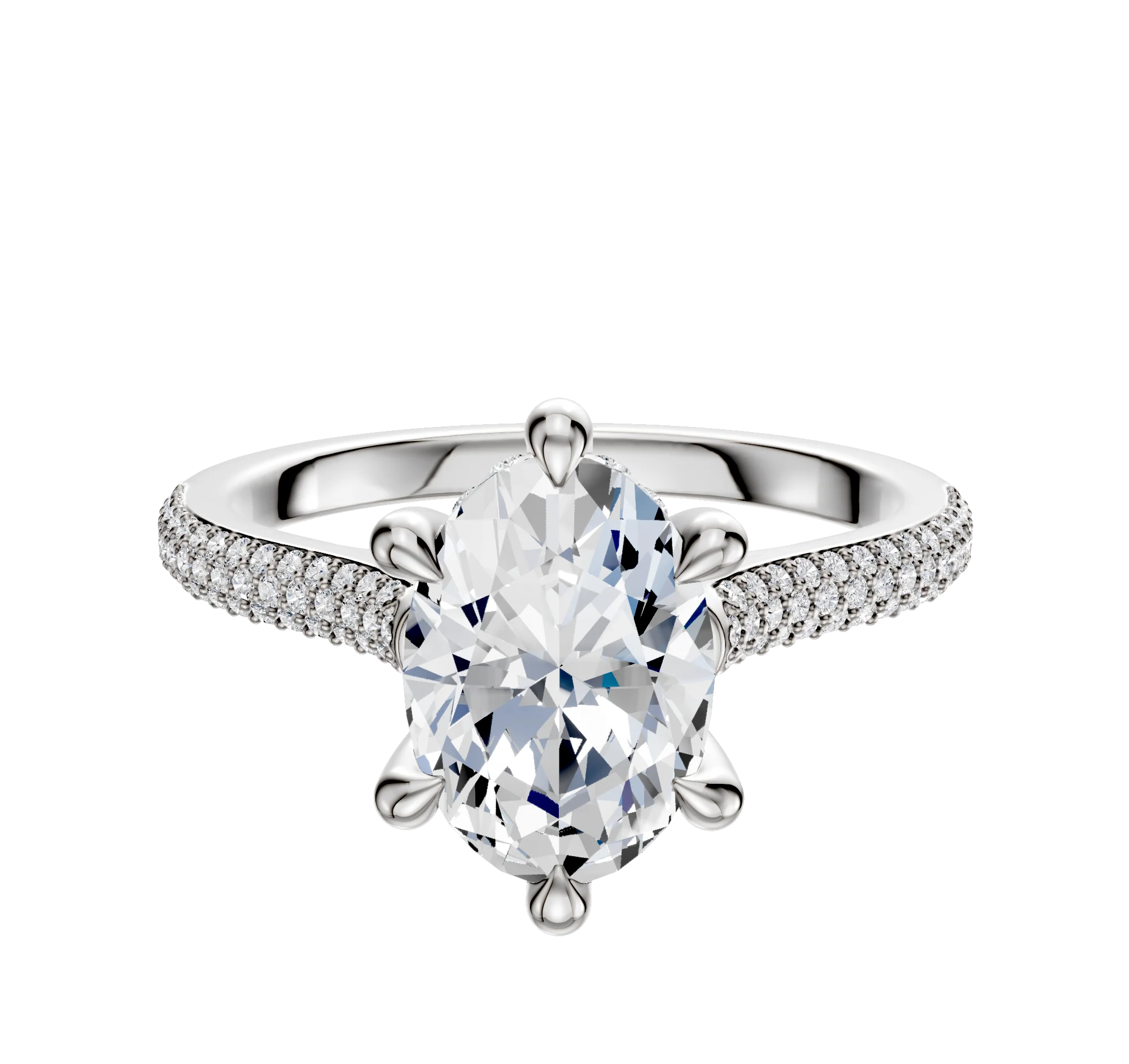 14K White Gold 6 Prong Hidden Halo Cathedral Dome 3-Row-Pave 2.0mm Engagement Ring