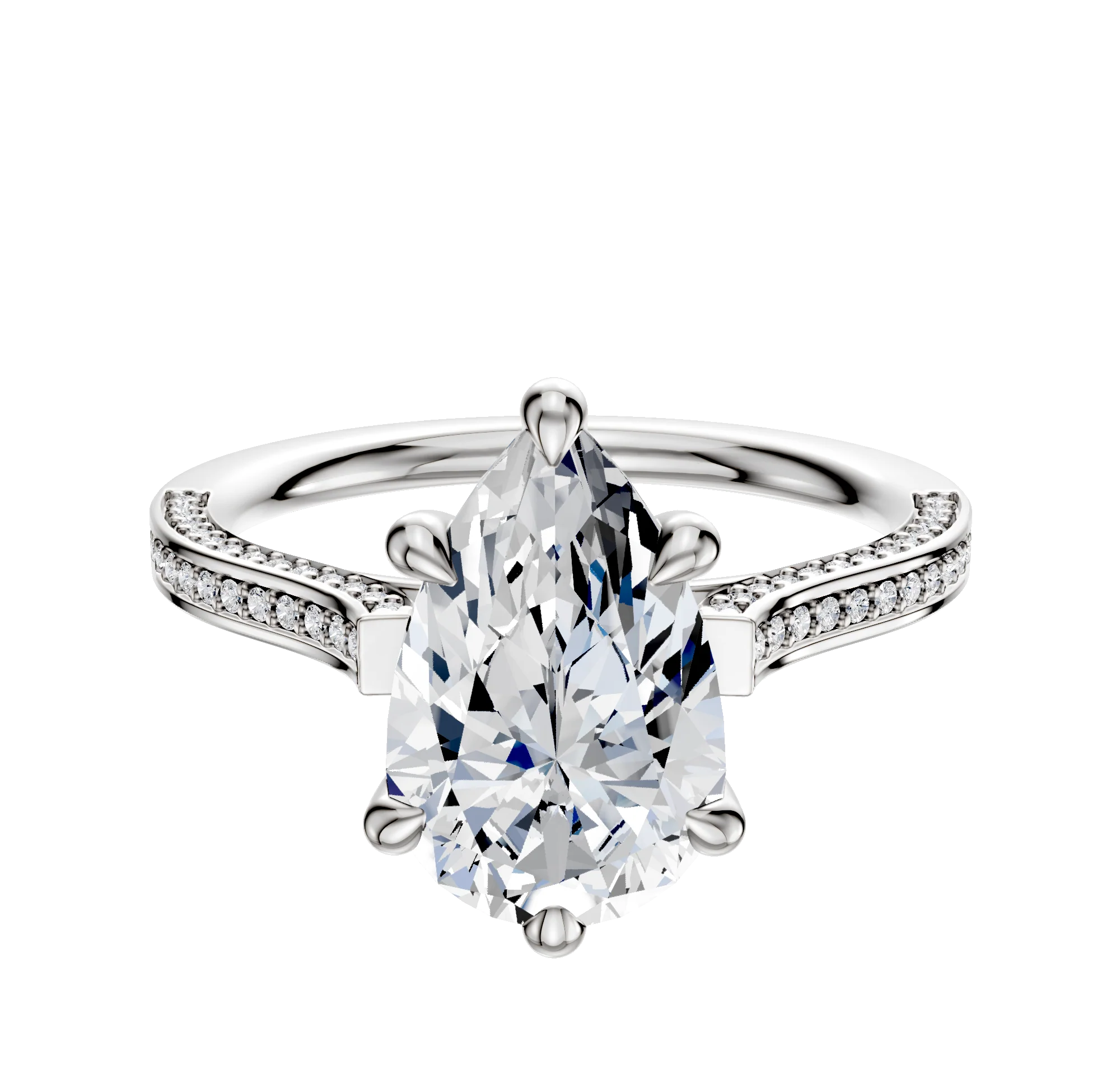 14K White Gold 6 Prong Hidden Halo Cathedral Flat 3-Row-Pave 2.0mm Engagement Ring
