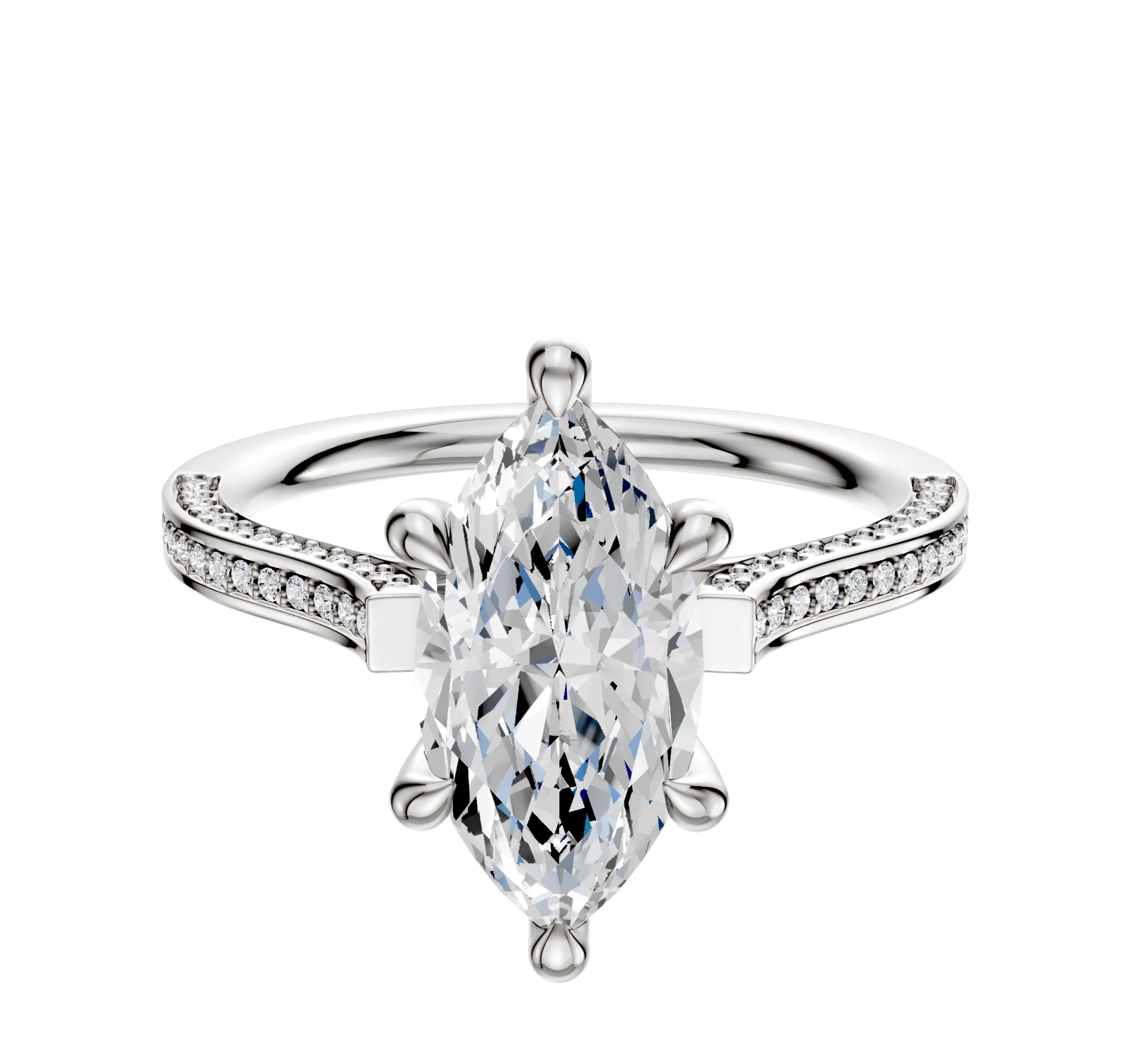 14K White Gold 6 Prong Hidden Halo Cathedral Flat 3-Row-Pave 2.0mm Engagement Ring