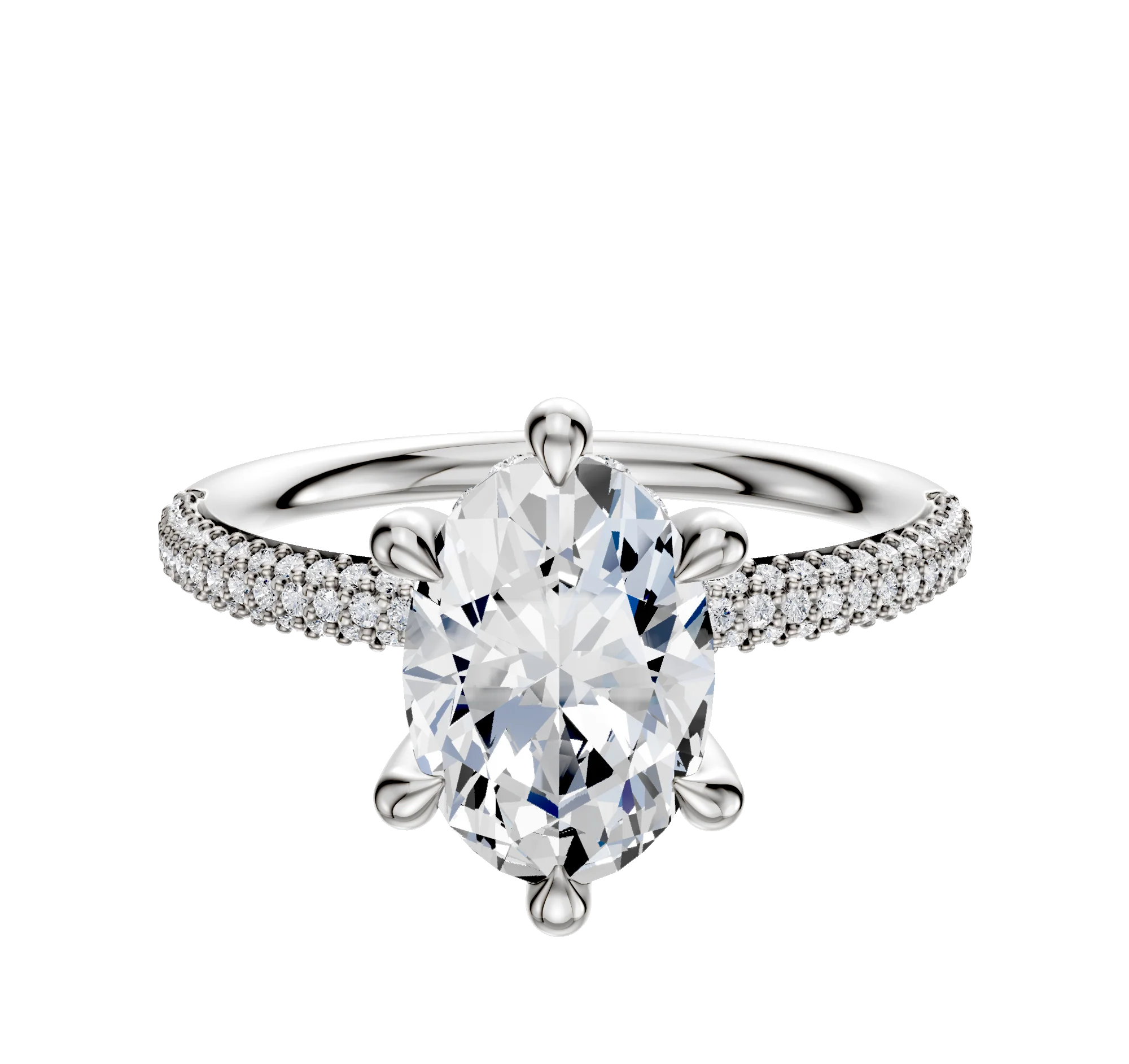 14K White Gold 6 Prong Hidden Halo Classic Dome 3-Row-Pave 2.0mm Engagement Ring