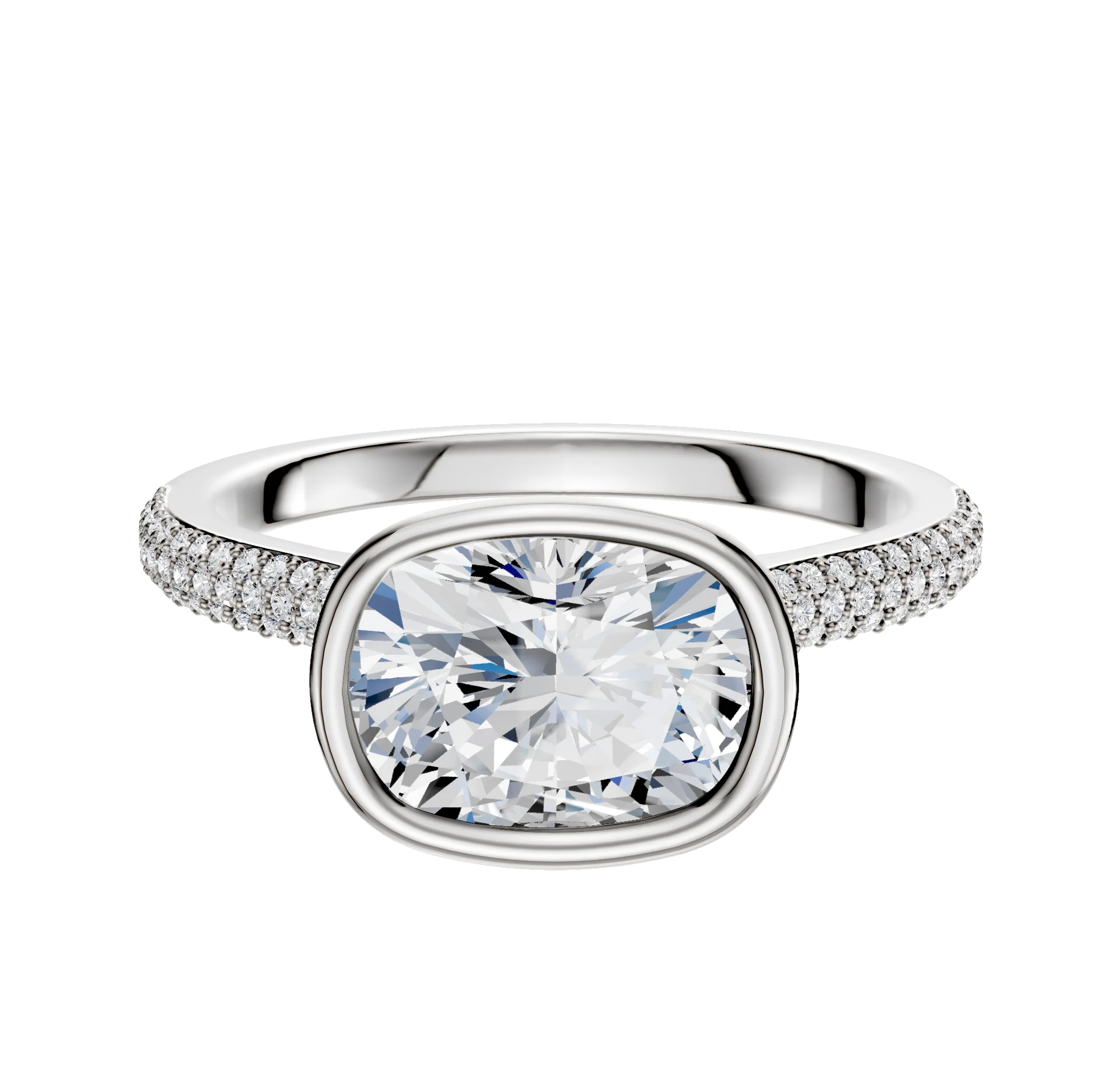 14K White Gold Bezel Full Bezel East/West Cathedral Dome 3-Row-Pave 2.0mm Engagement Ring