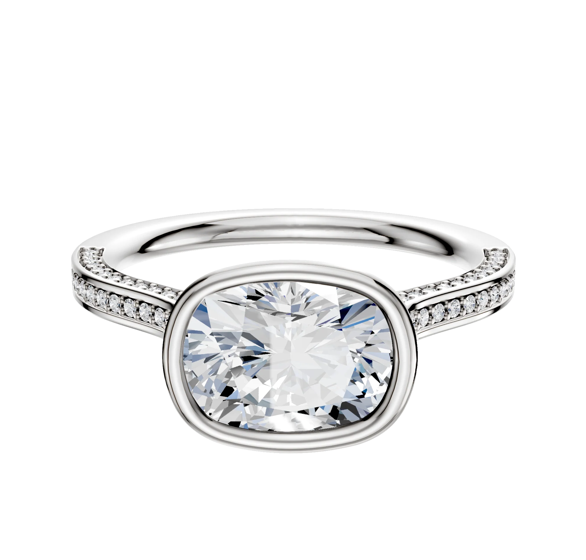 14K White Gold Bezel Full Bezel East/West Cathedral Flat 3-Row-Pave 2.0mm Engagement Ring