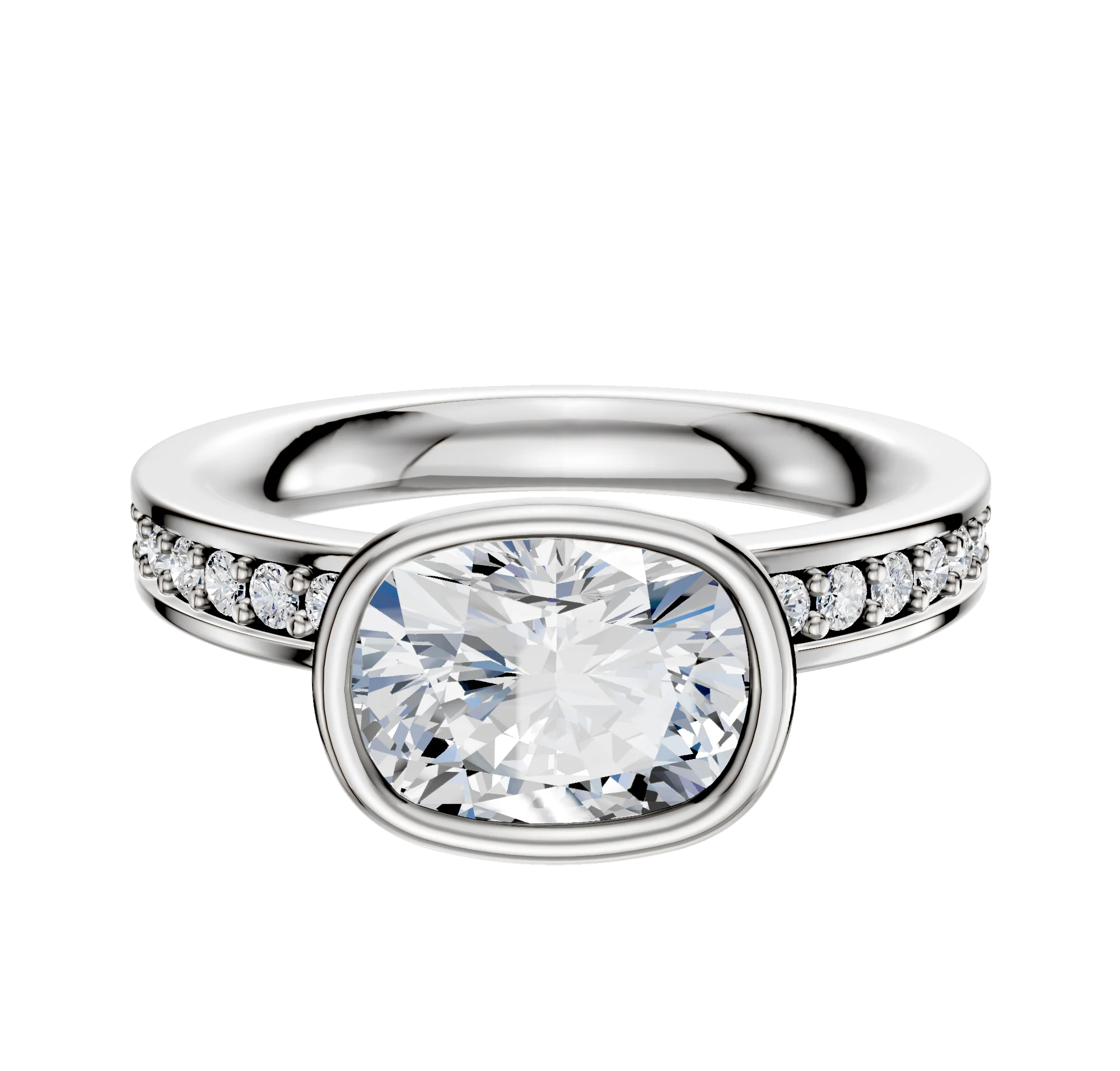 14K White Gold Bezel Full Bezel East/West Classic Flat 1-Row-Pave 2.5mm Engagement Ring
