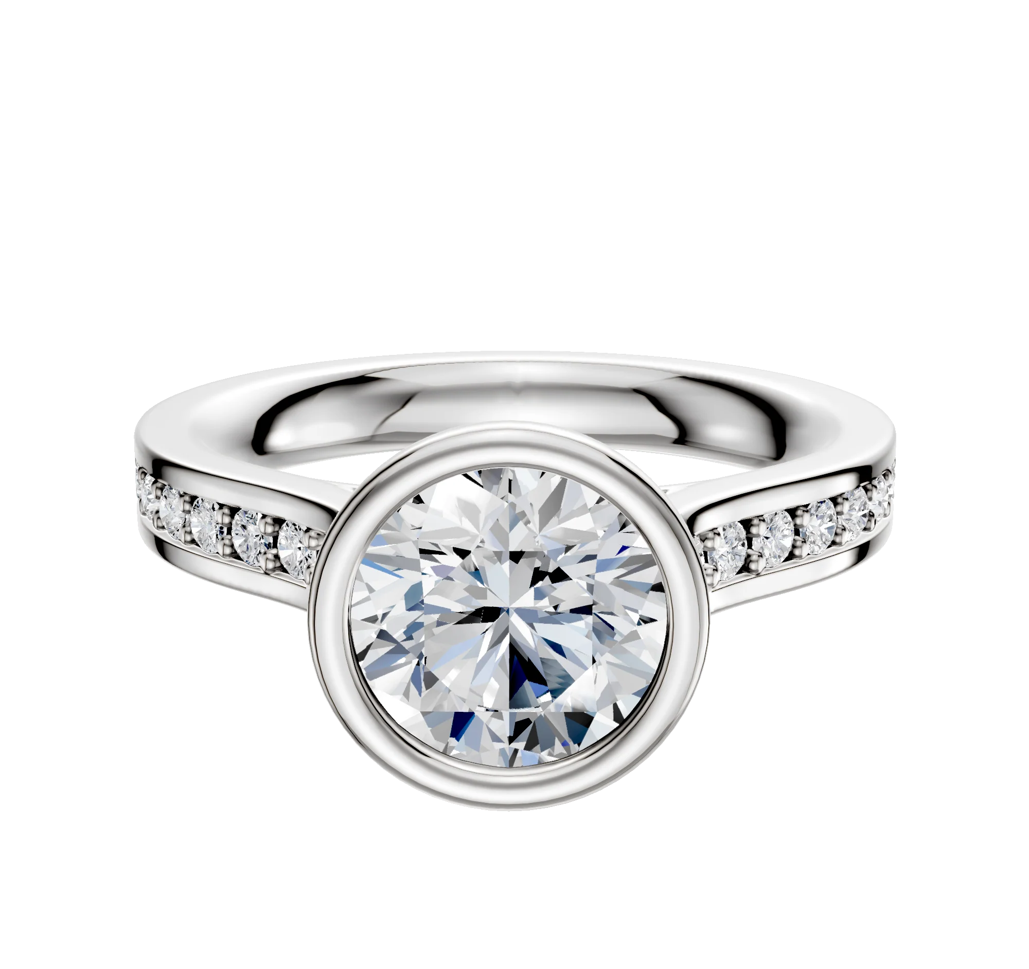 14K White Gold Bezel Full Bezel North/South Cathedral Flat 1-Row-Pave 2.5mm Engagement Ring