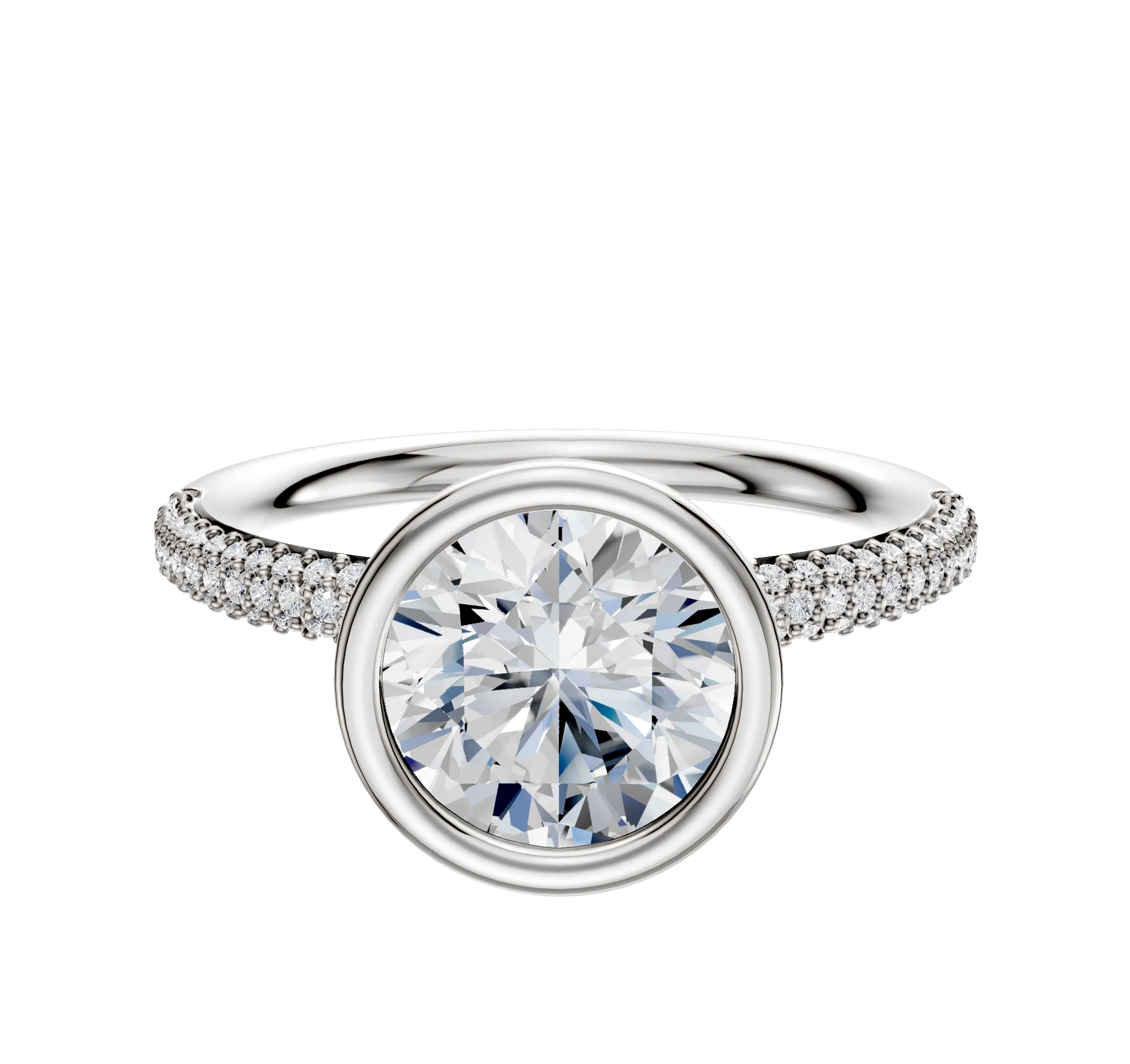 14K White Gold Bezel Full Bezel North/South Classic Dome 3-Row-Pave 2.0mm Engagement Ring