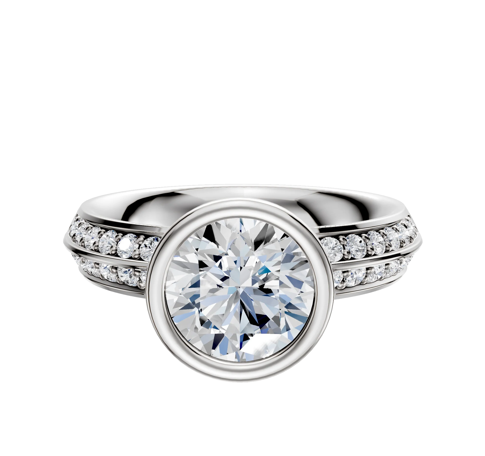 14K White Gold Bezel Full Bezel North/South Classic Knife Edge 1-Row-Pave 2.5mm Engagement Ring