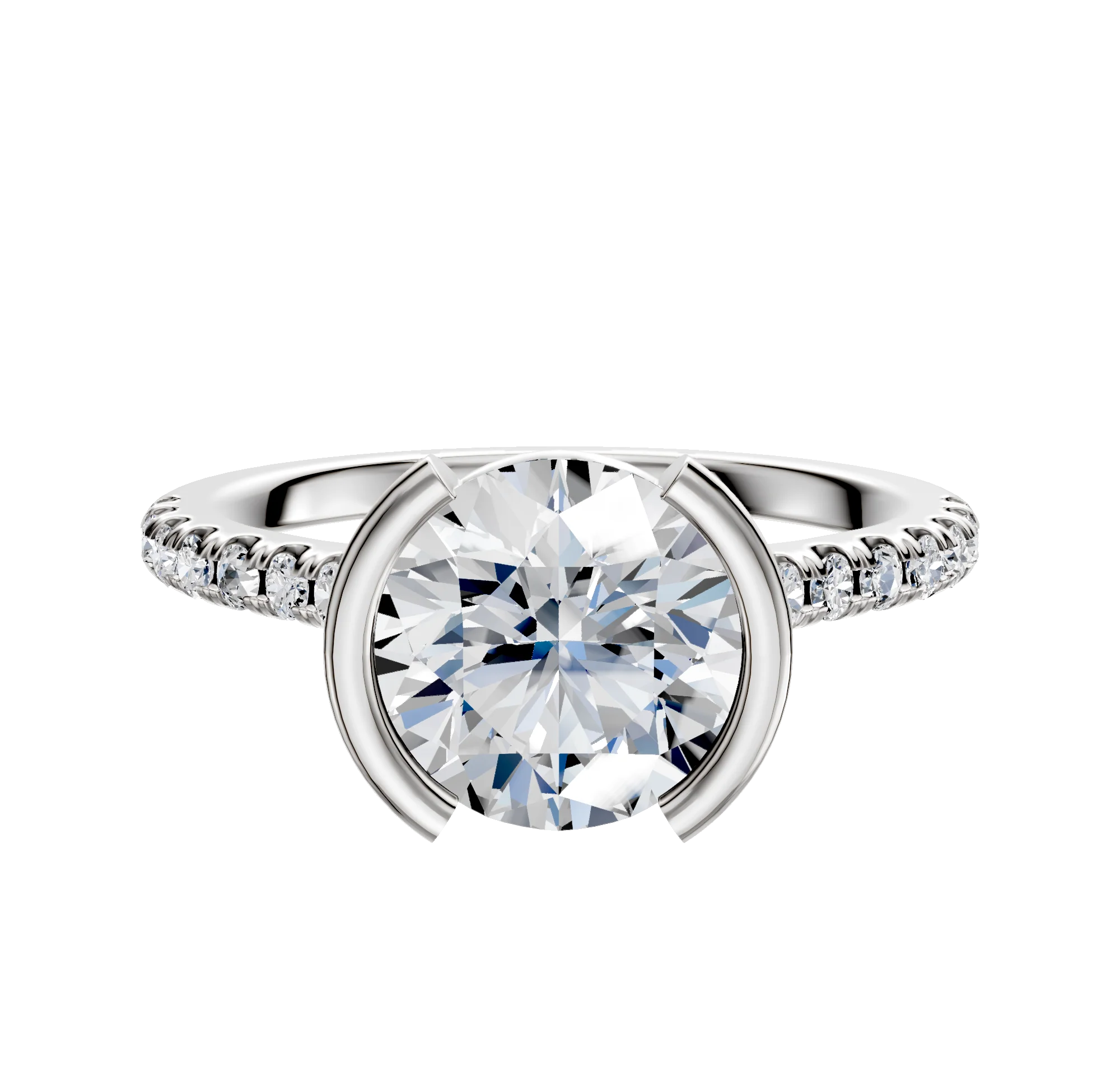 14K White Gold Bezel Half Bezel North/South Cathedral Dome 1-Row-Pave 2.5mm Engagement Ring