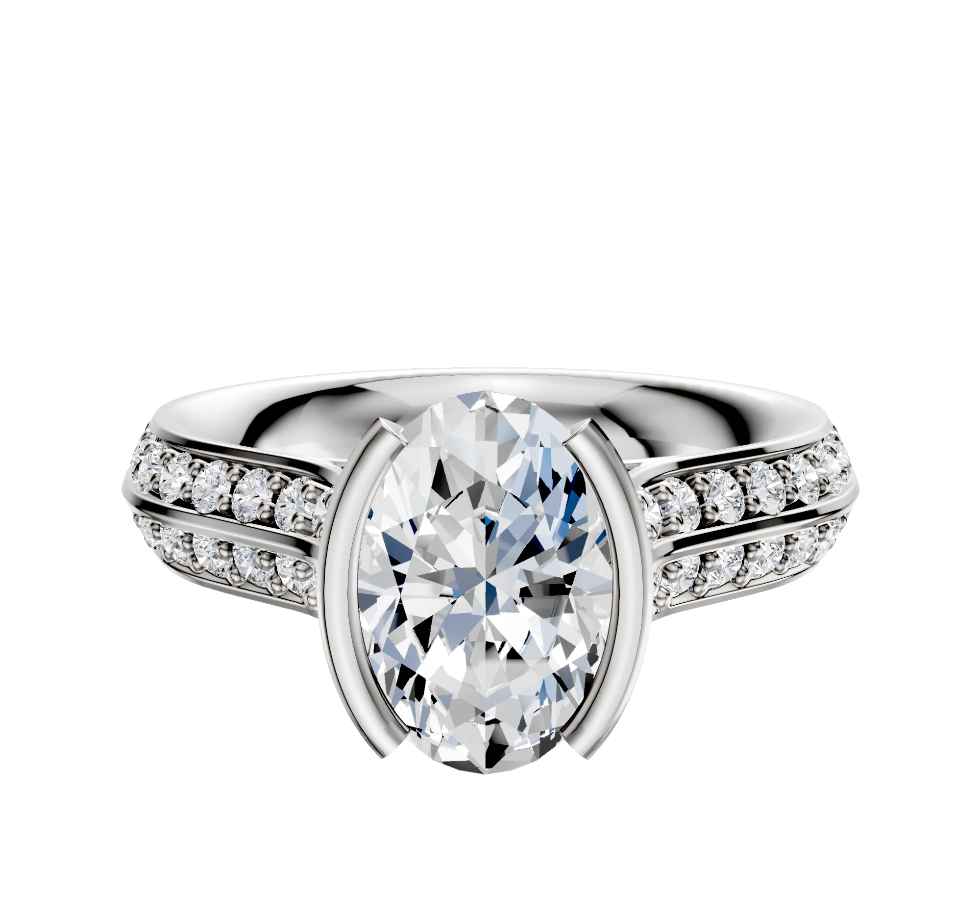 14K White Gold Bezel Half Bezel North/South Cathedral Knife Edge 1-Row-Pave 2.5mm Engagement Ring