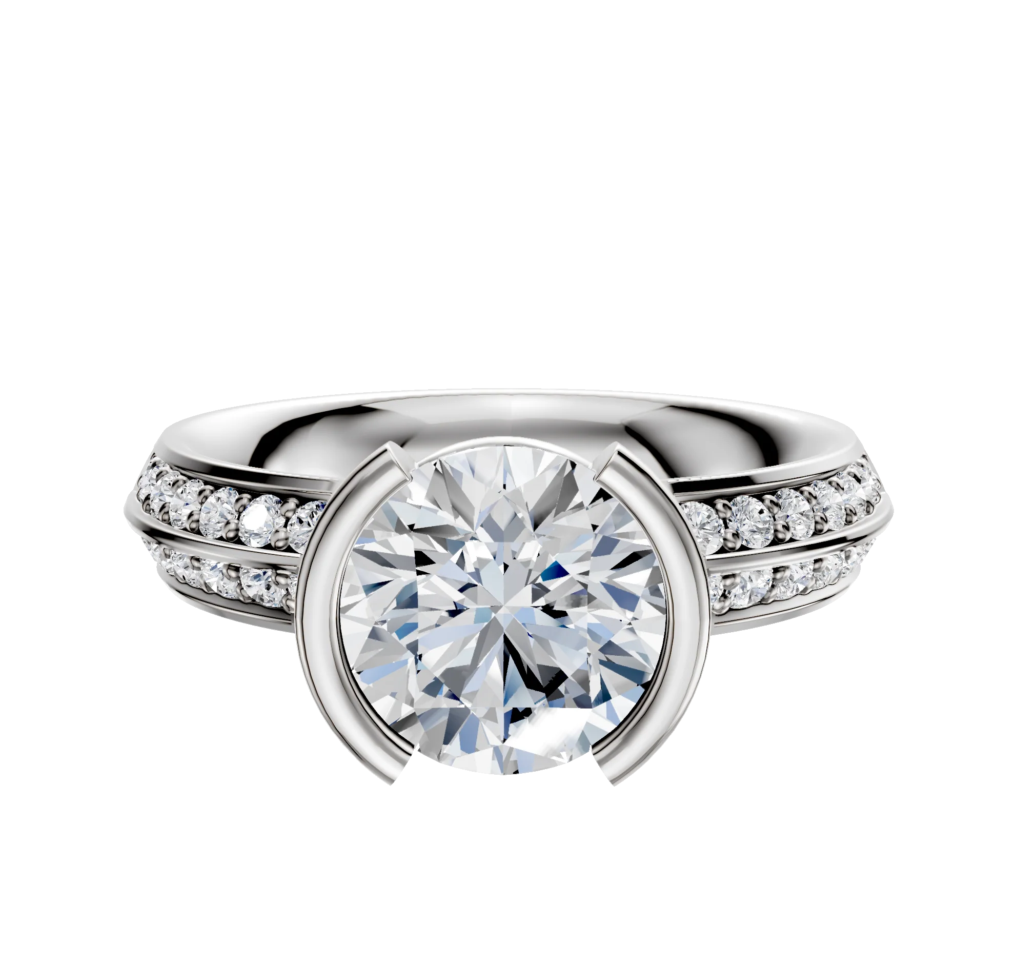 14K White Gold Bezel Half Bezel North/South Classic Knife Edge 1-Row-Pave 2.5mm Engagement Ring