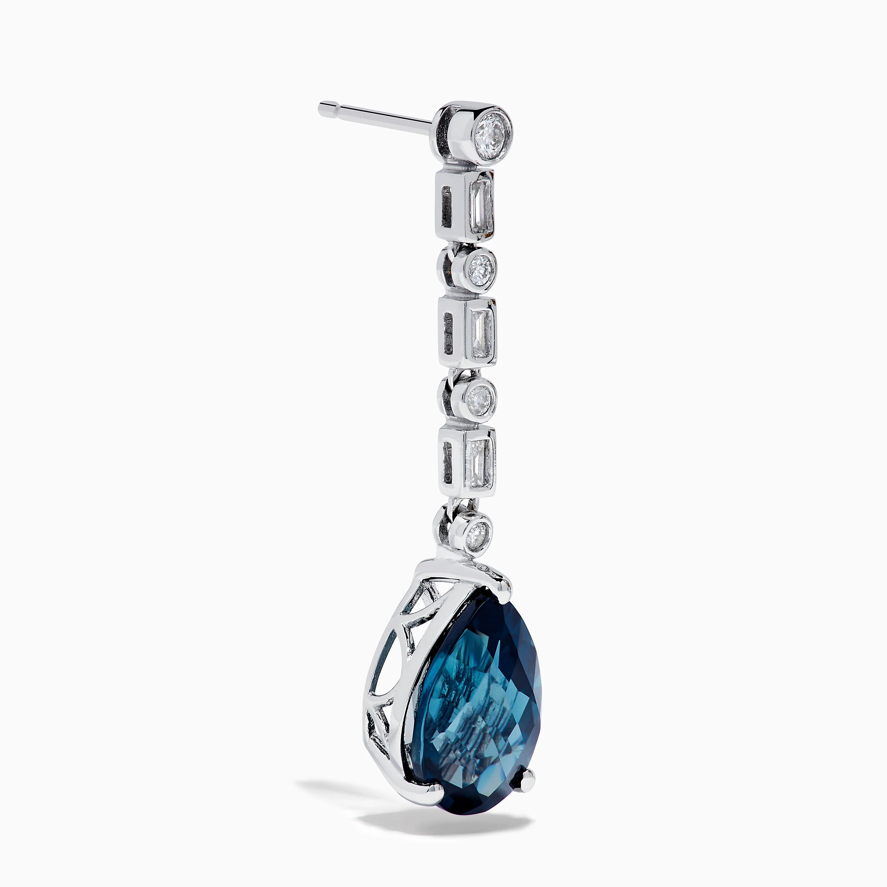 14K White Gold Blue Topaz and Diamond Linear Drop Earrings - Image 3