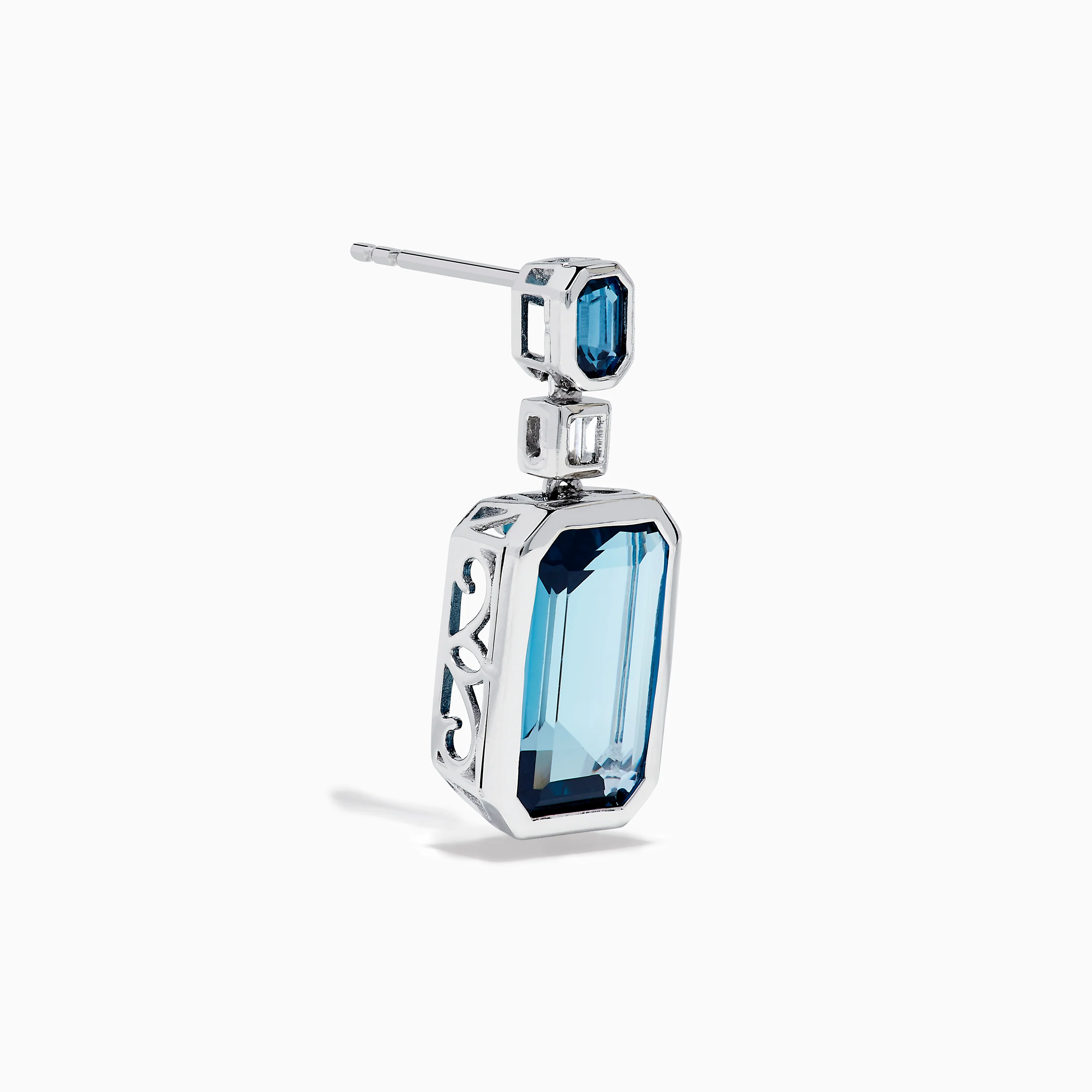 14K White Gold Blue Topaz and Diamond Geometric Drop Earrings - Image 3