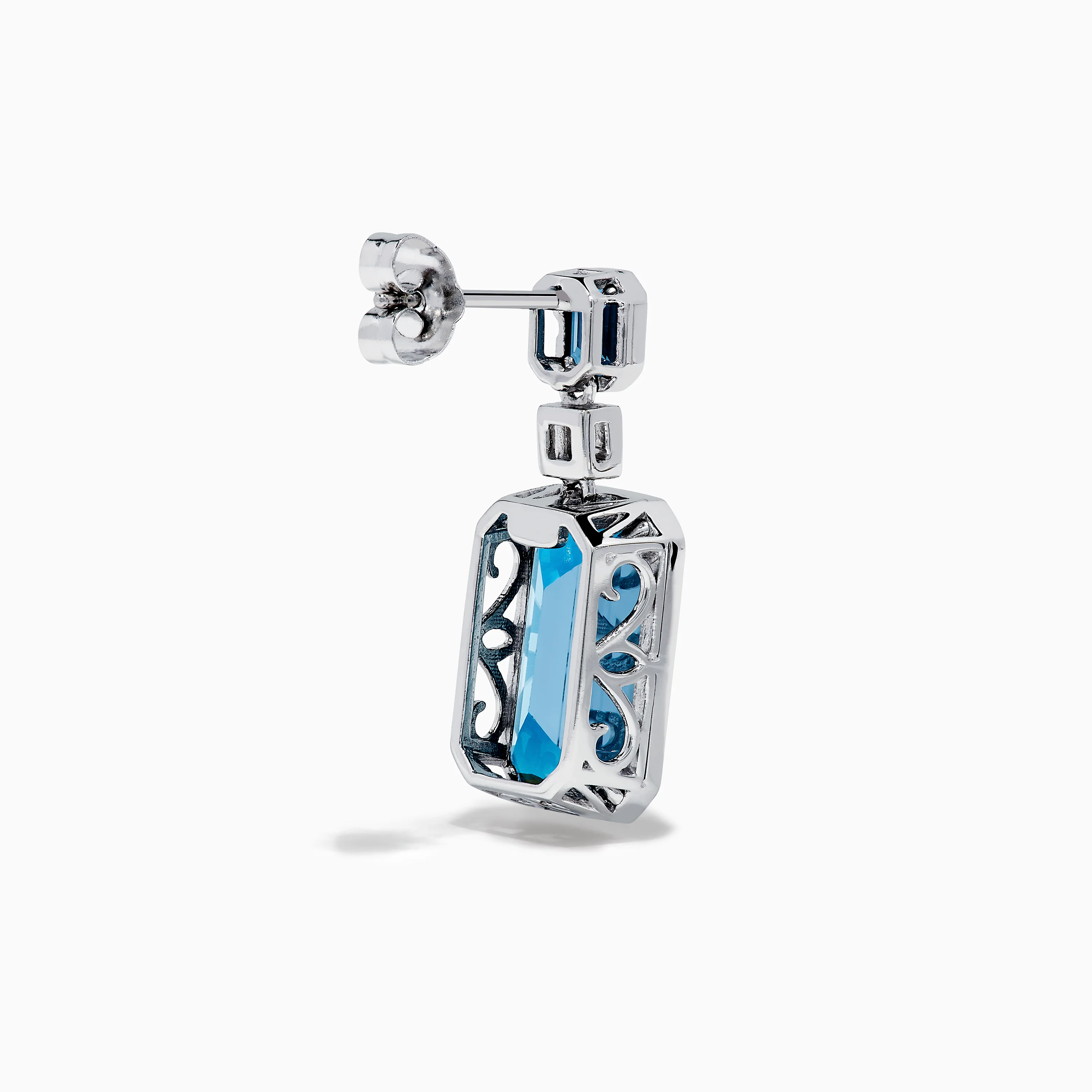 14K White Gold Blue Topaz and Diamond Geometric Drop Earrings - Image 4