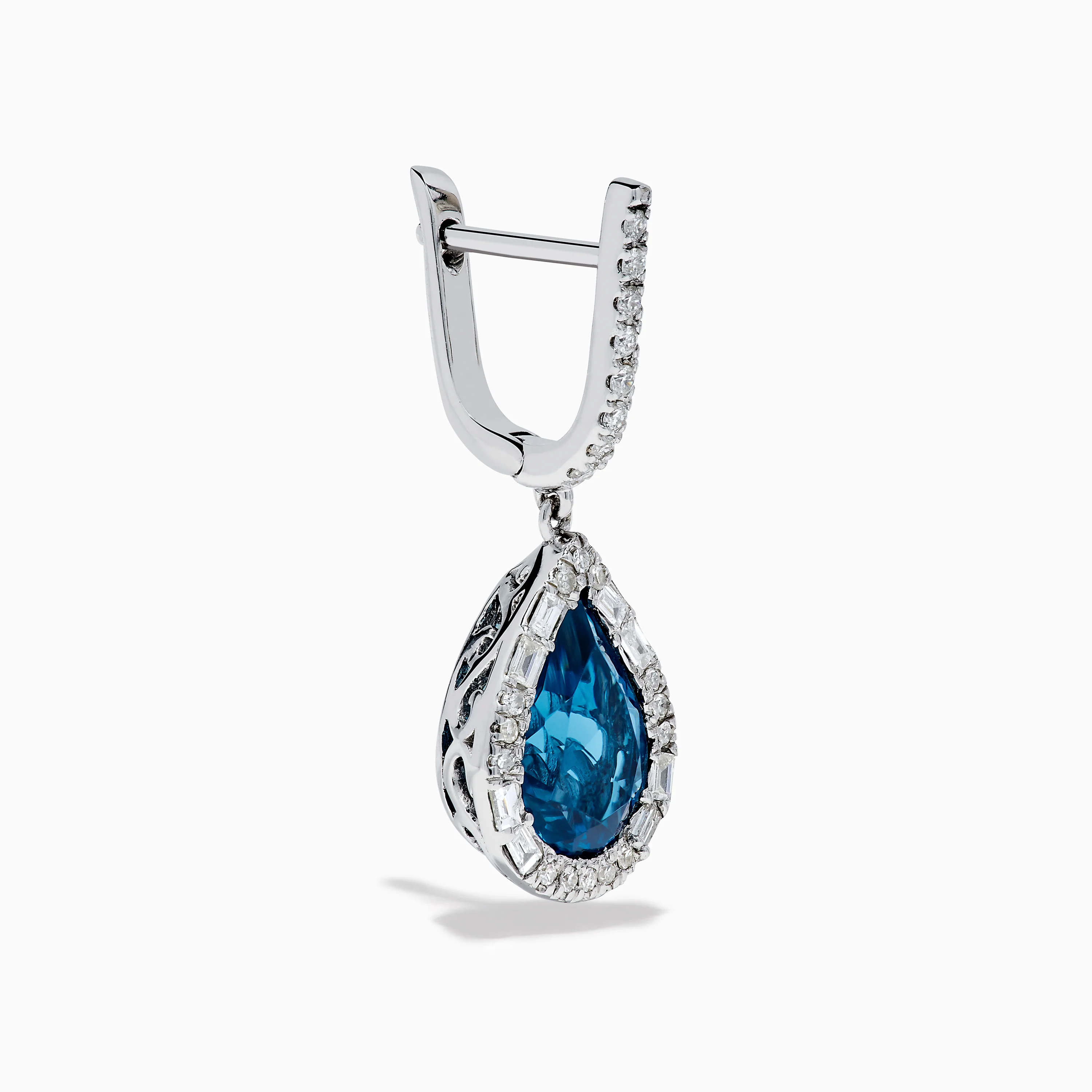 14K White Gold Blue Topaz and Diamond Teardrop Dangle Earrings - Image 3