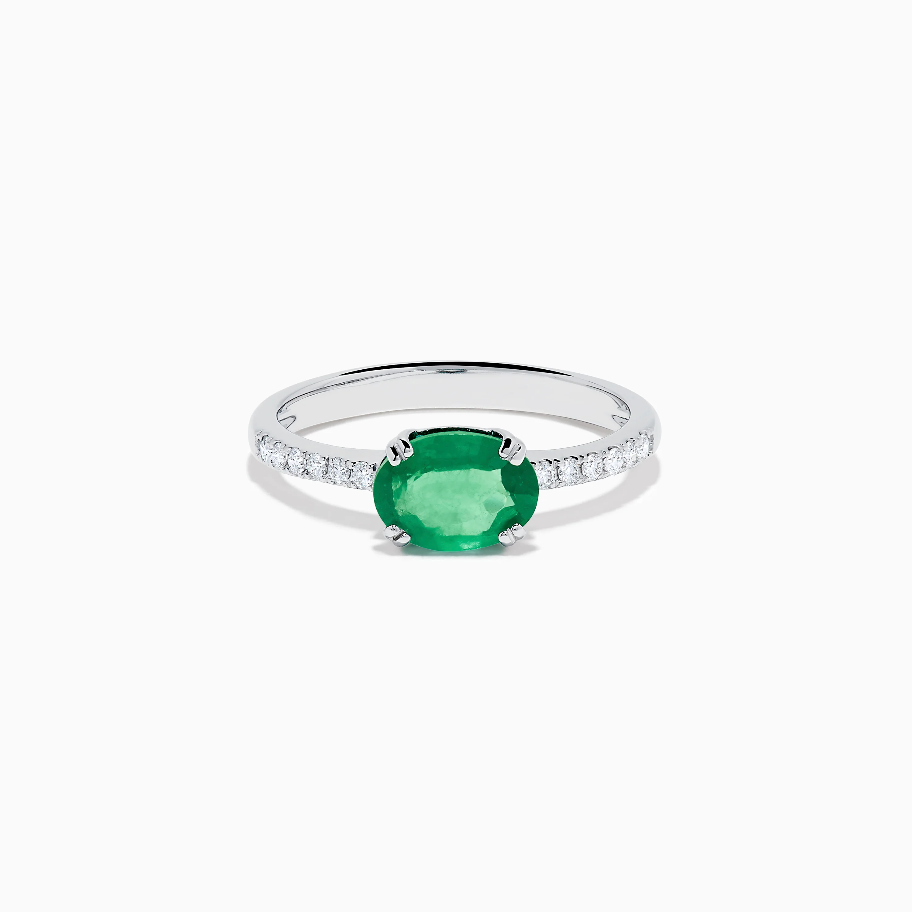 14K White Gold East West Oval Emerald and Diamond Ring